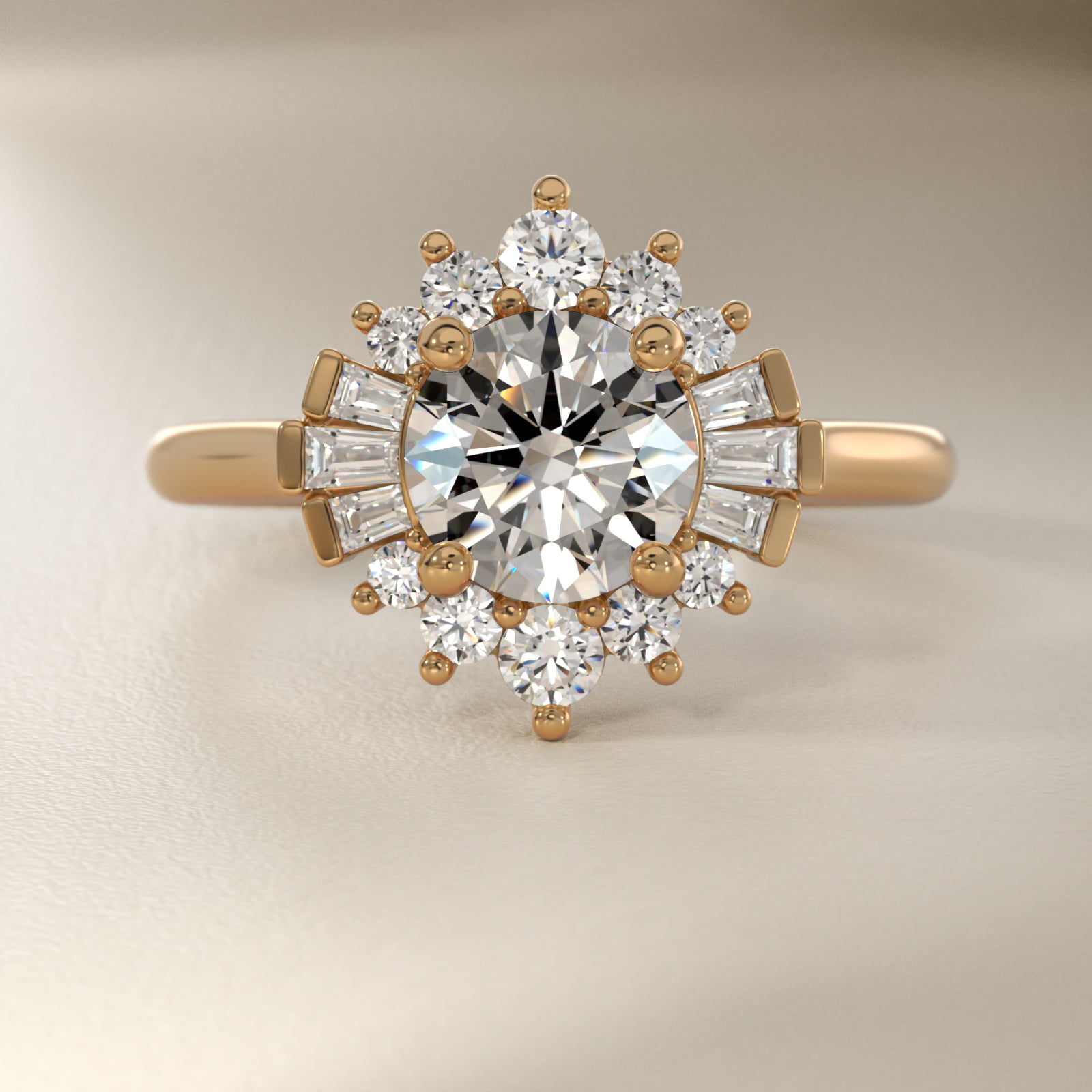 Baguette and Round Ballerina Halo Diamond Engagement Ring in 14k Yellow Gold