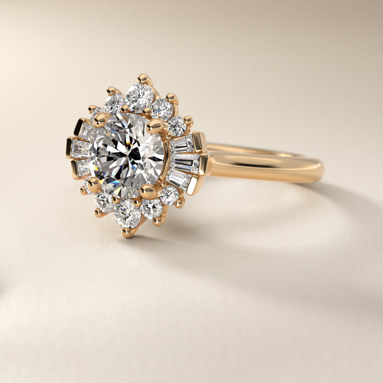 Baguette and Round Ballerina Halo Diamond Engagement Ring in 18k Yellow Gold (1ct. tw.)