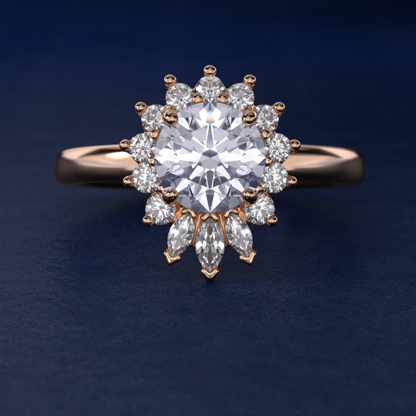 Pear Marquise and Round Ballerina Halo Diamond Engagement Ring in 18k Rose Gold