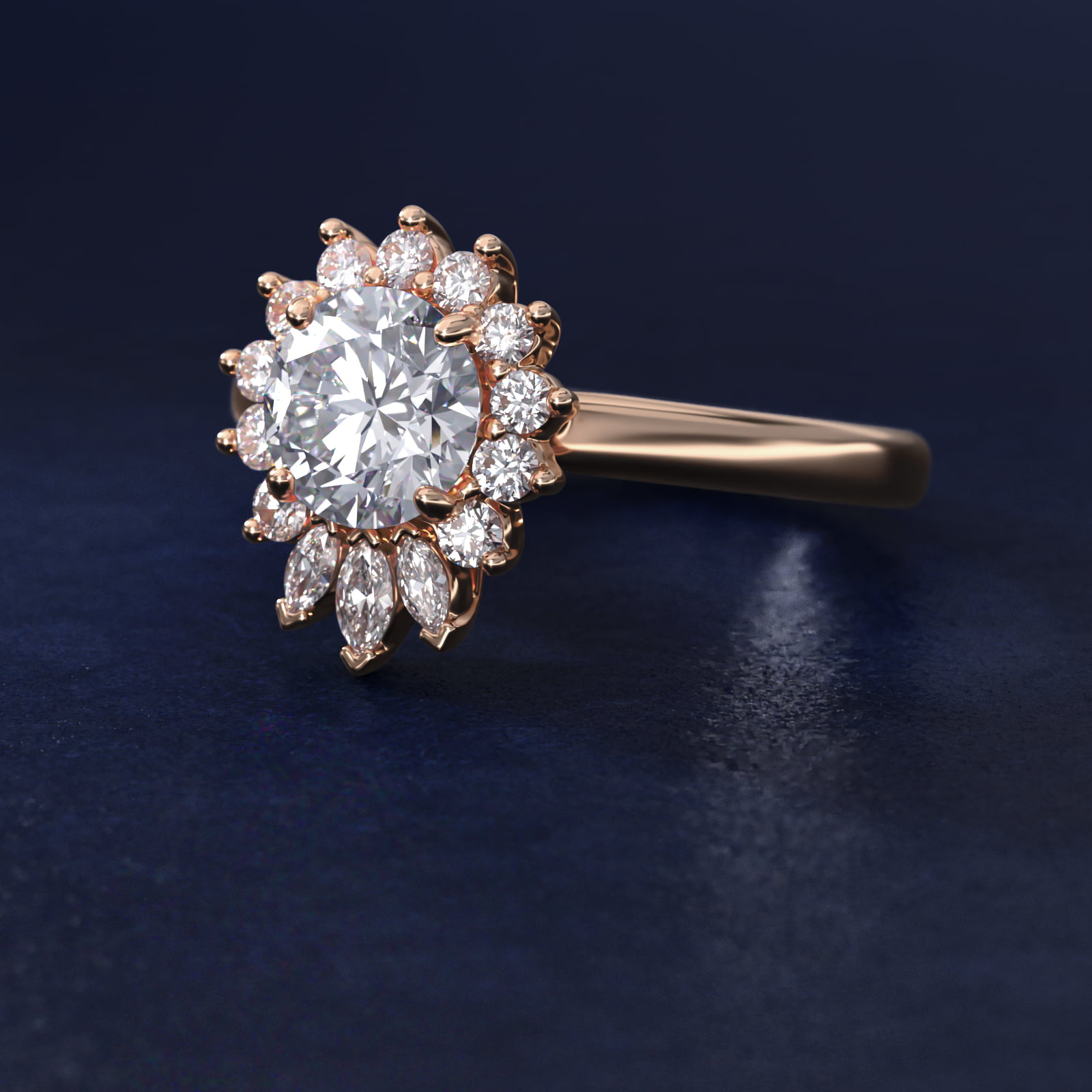 Pear Marquise and Round Ballerina Halo Diamond Engagement Ring in 14k Rose Gold