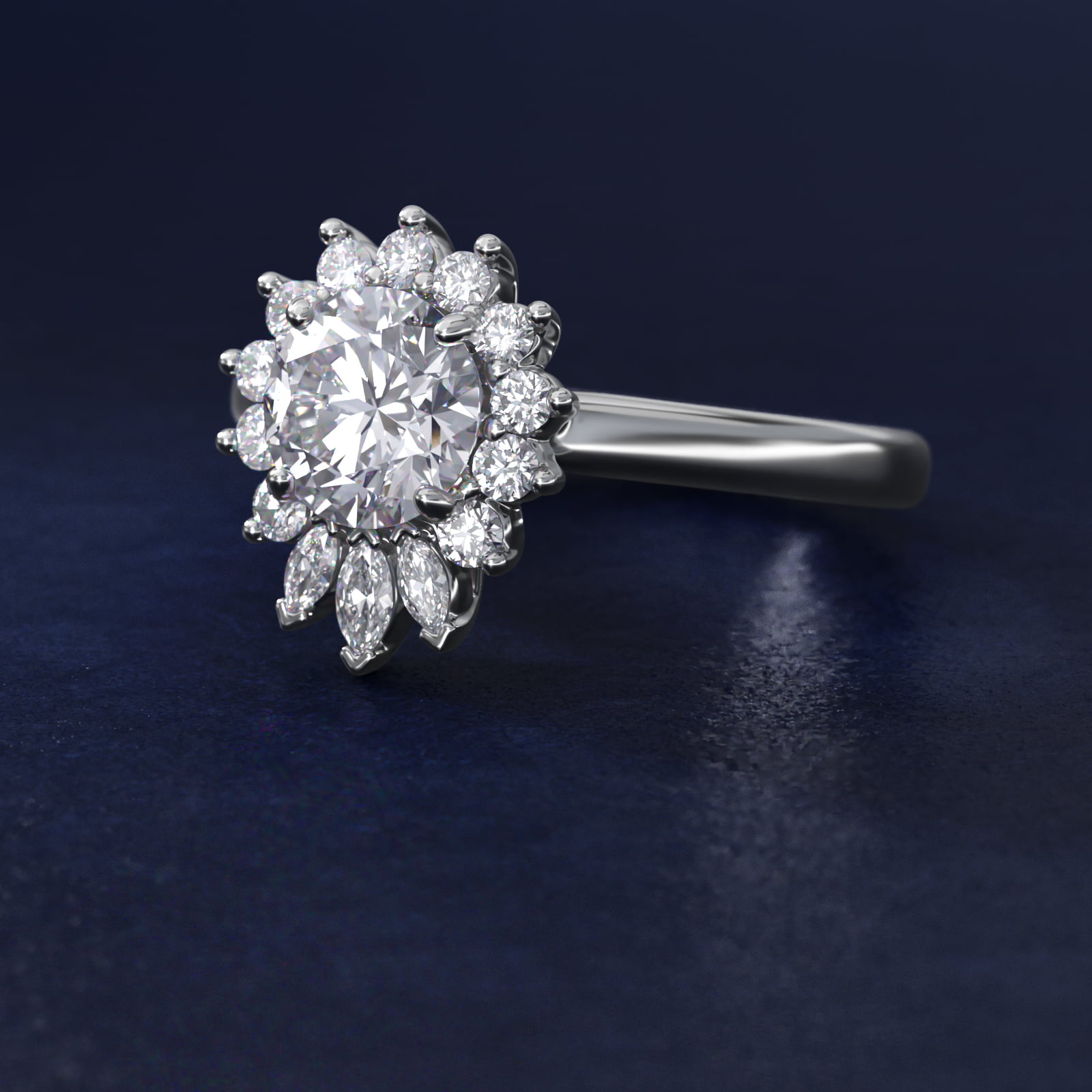 Pear Marquise and Round Ballerina Halo Diamond Engagement Ring in 14k White Gold