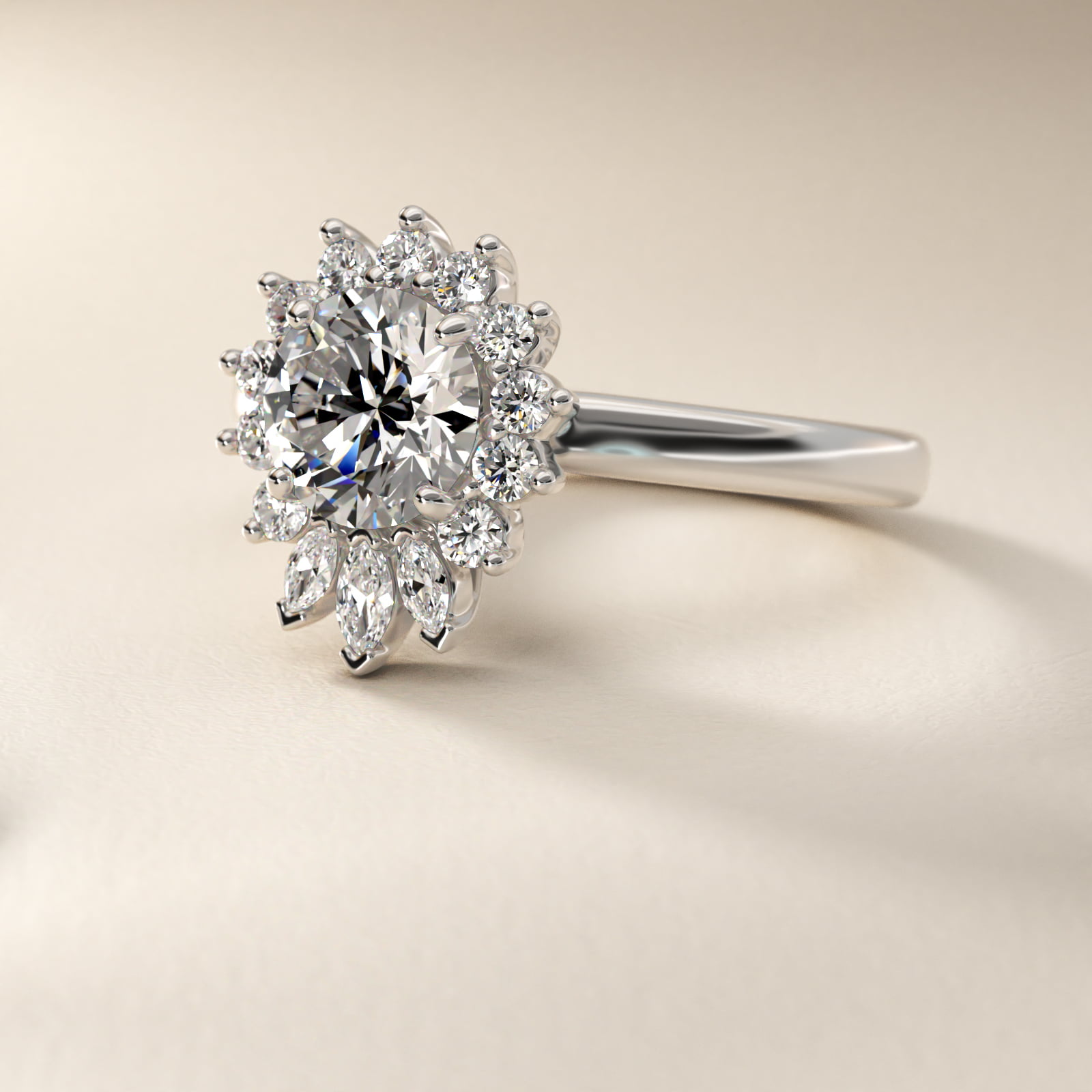 Pear Marquise and Round Ballerina Halo Diamond Engagement Ring in 18k White Gold