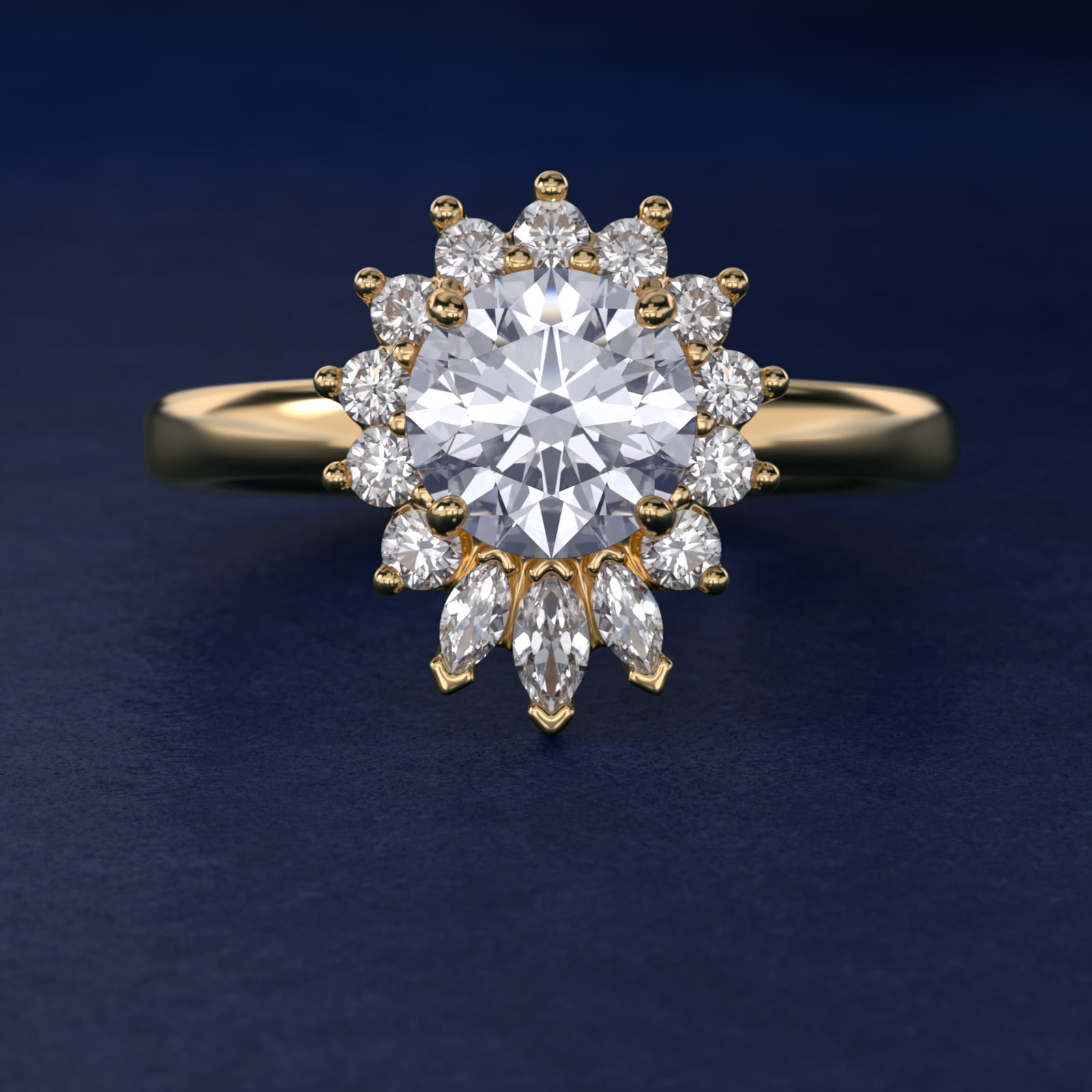 Pear Marquise and Round Ballerina Halo Diamond Engagement Ring in 18k Yellow Gold