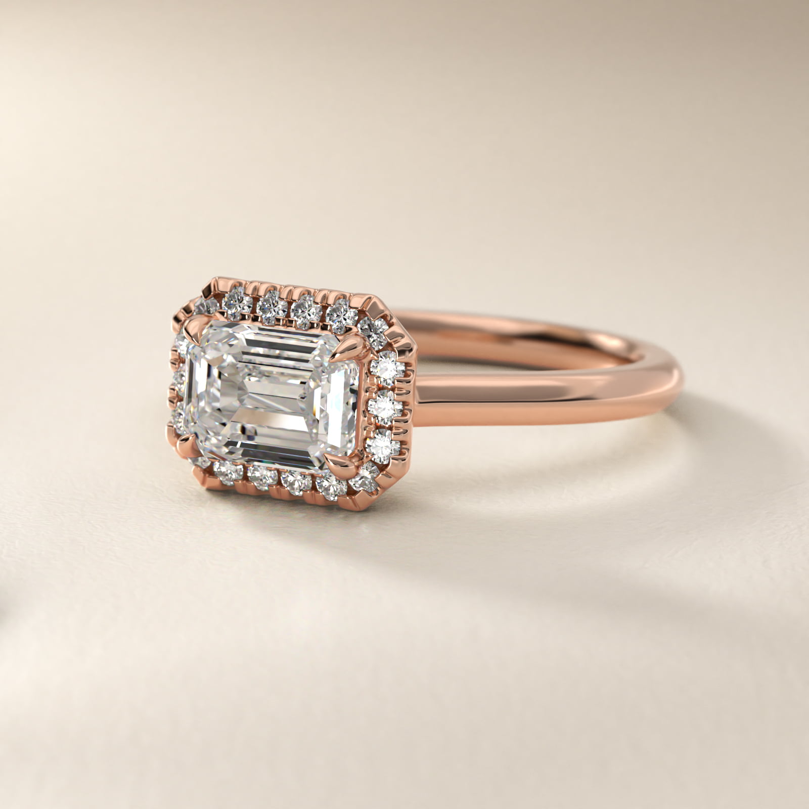 East West Halo Engagement Ring in 14k Rose Gold