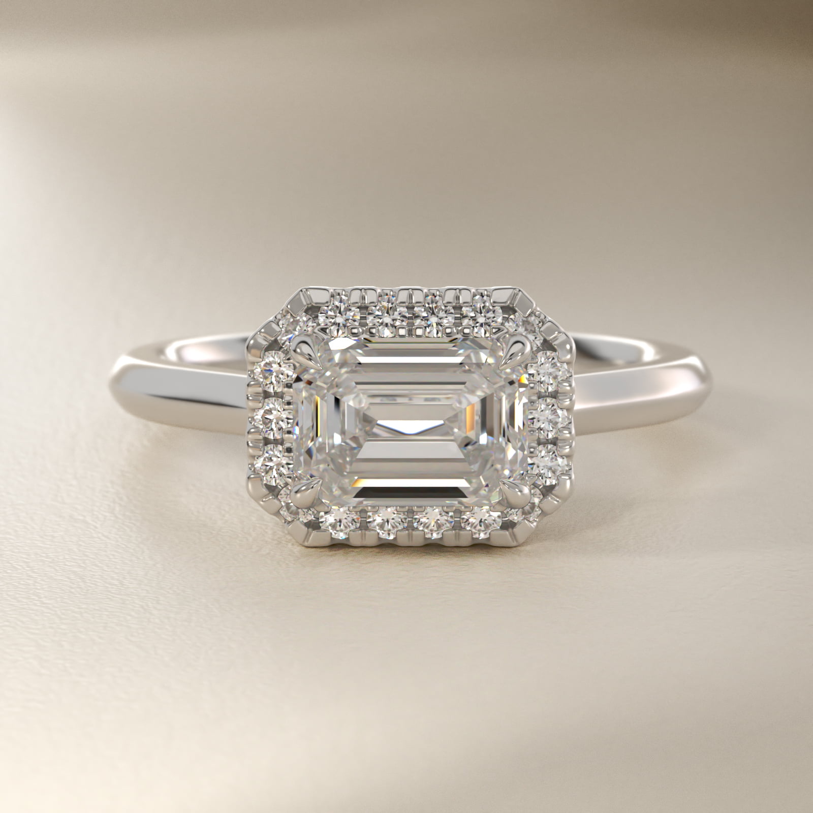 East West Halo Engagement Ring in 14k White Gold