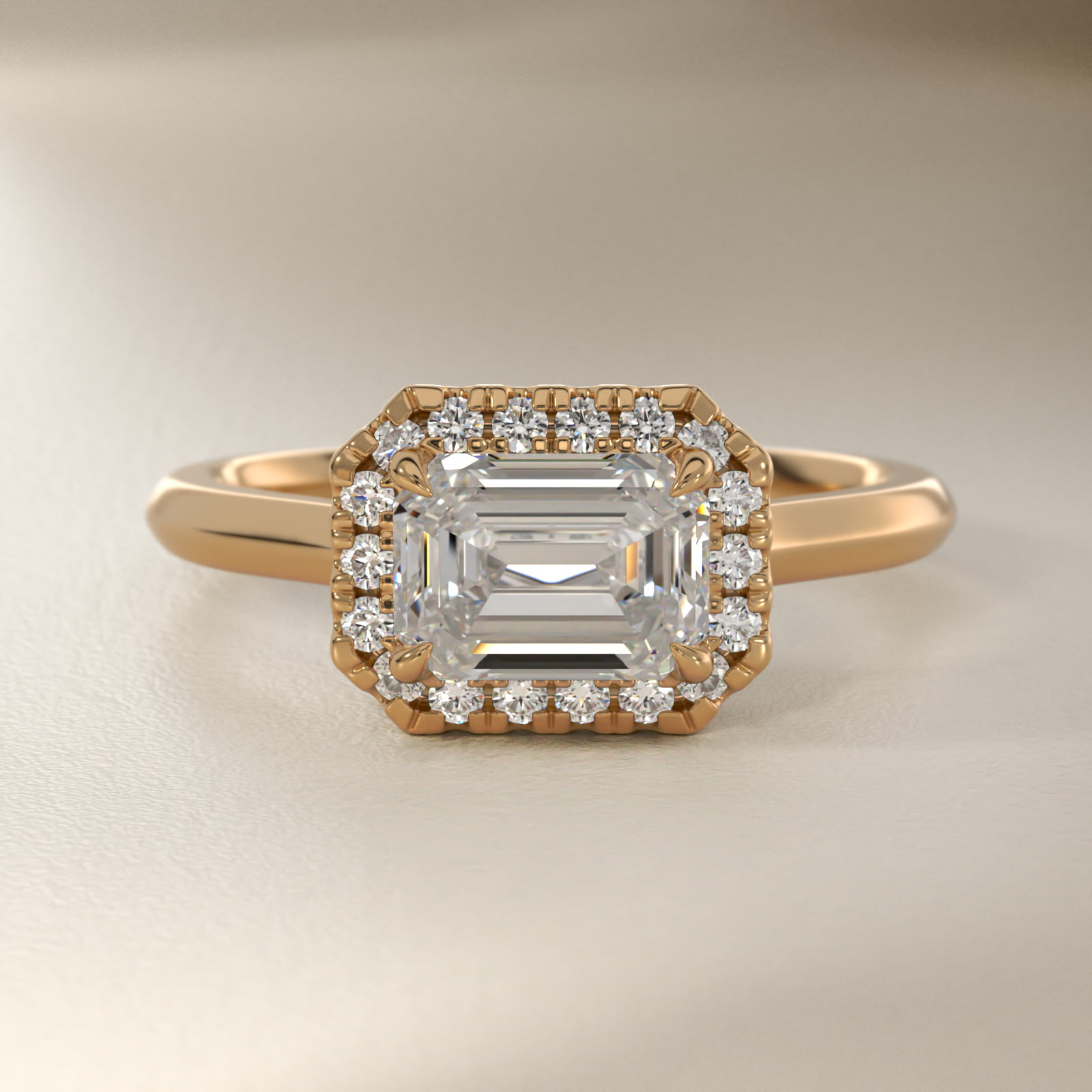 East West Halo Engagement Ring in 14k Yellow Gold