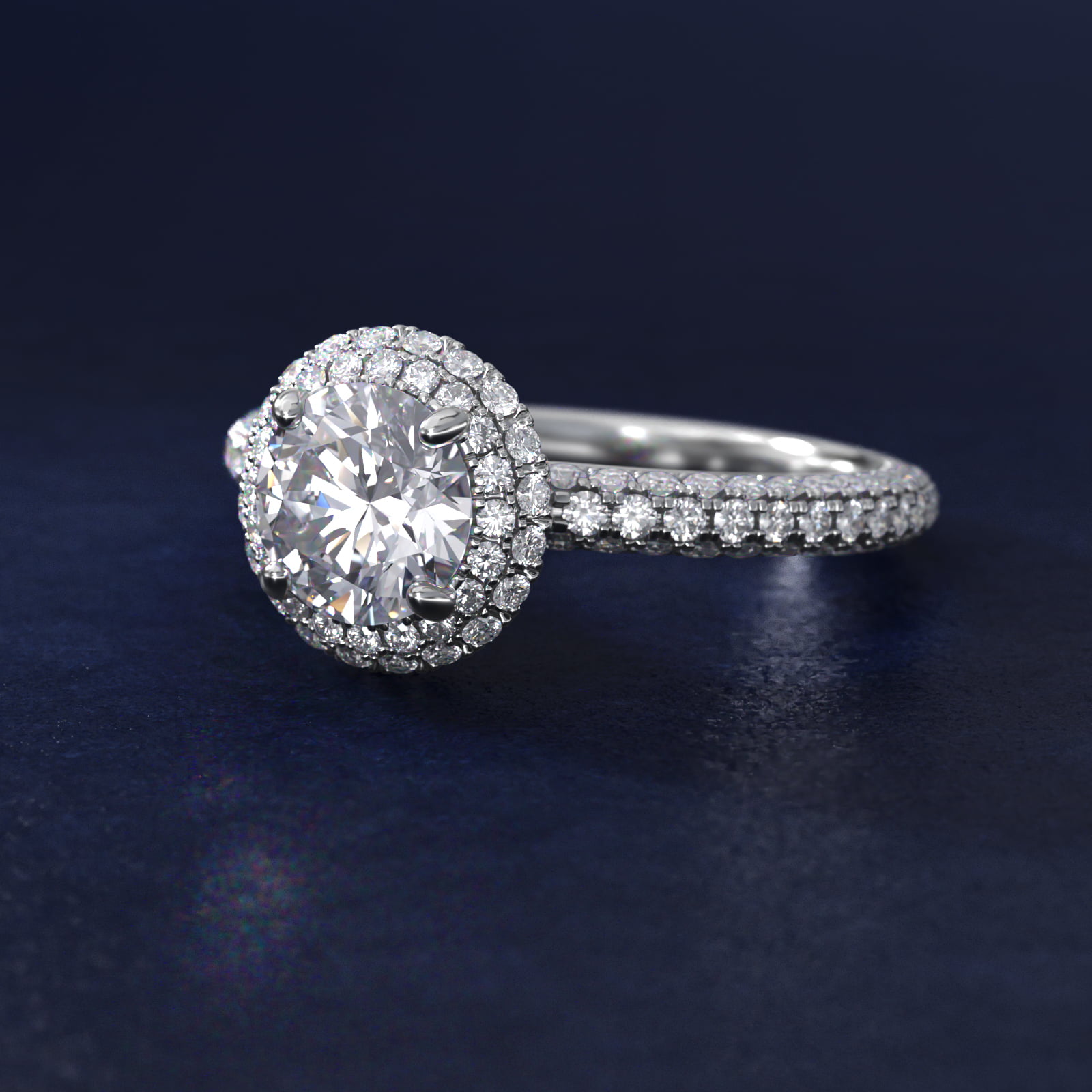 Rollover Halo Diamond Basket and Pavé Shank Engagement Ring in Platinum (7/8 ct. tw.)