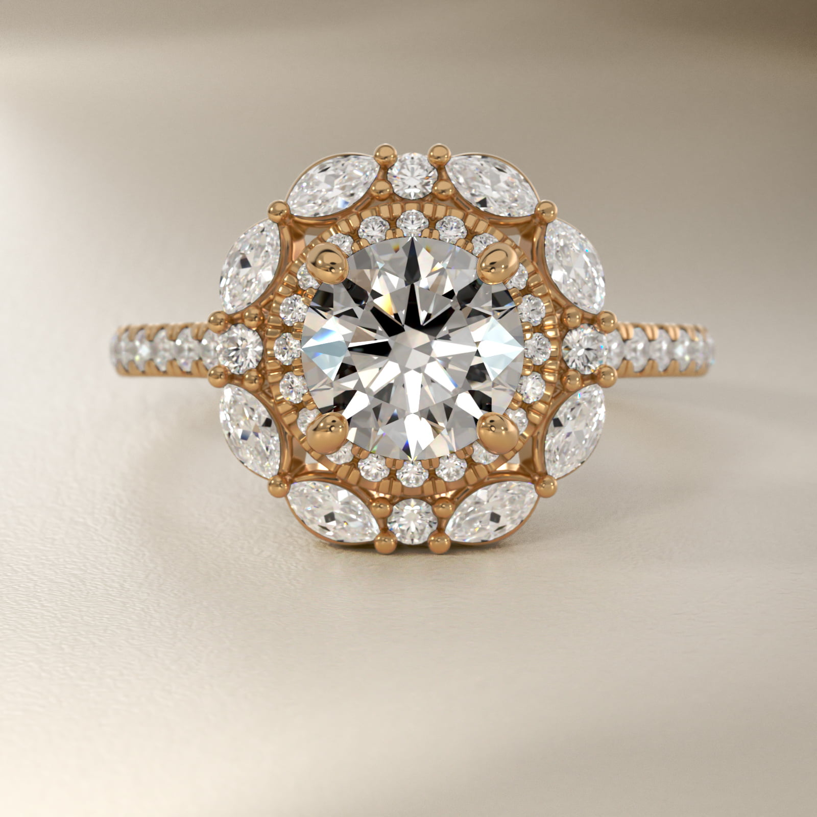 Romantic Diamond Floral Halo Engagement Ring in 18k Yellow Gold (1/2 ct. tw.)