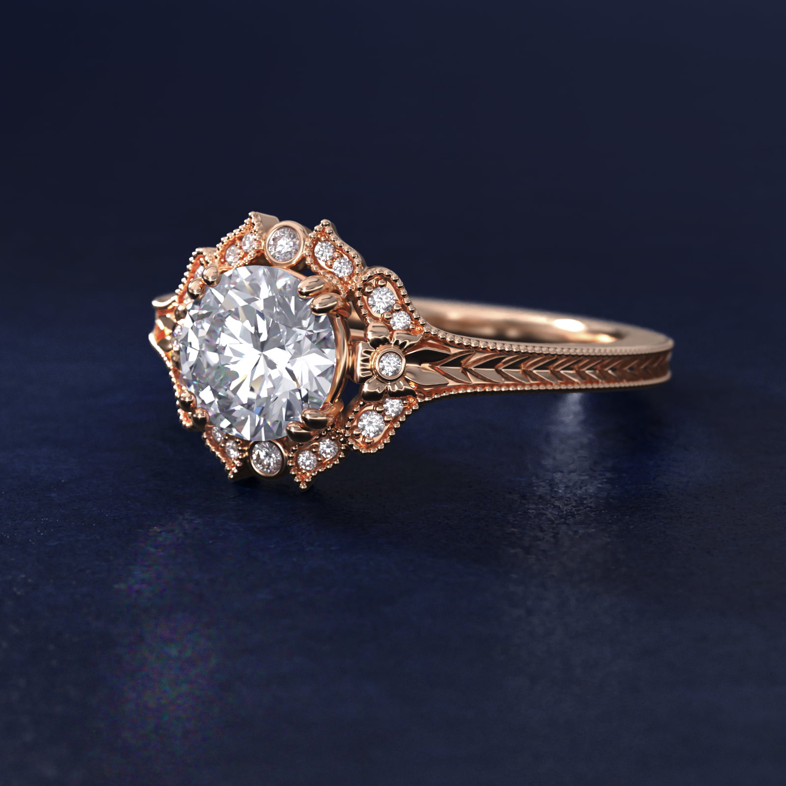 Vintage Floral Engraved Halo in 14k Rose Gold