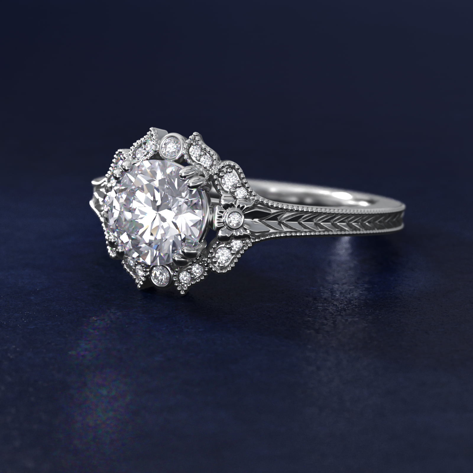 Vintage Floral Engraved Halo in 14k White Gold