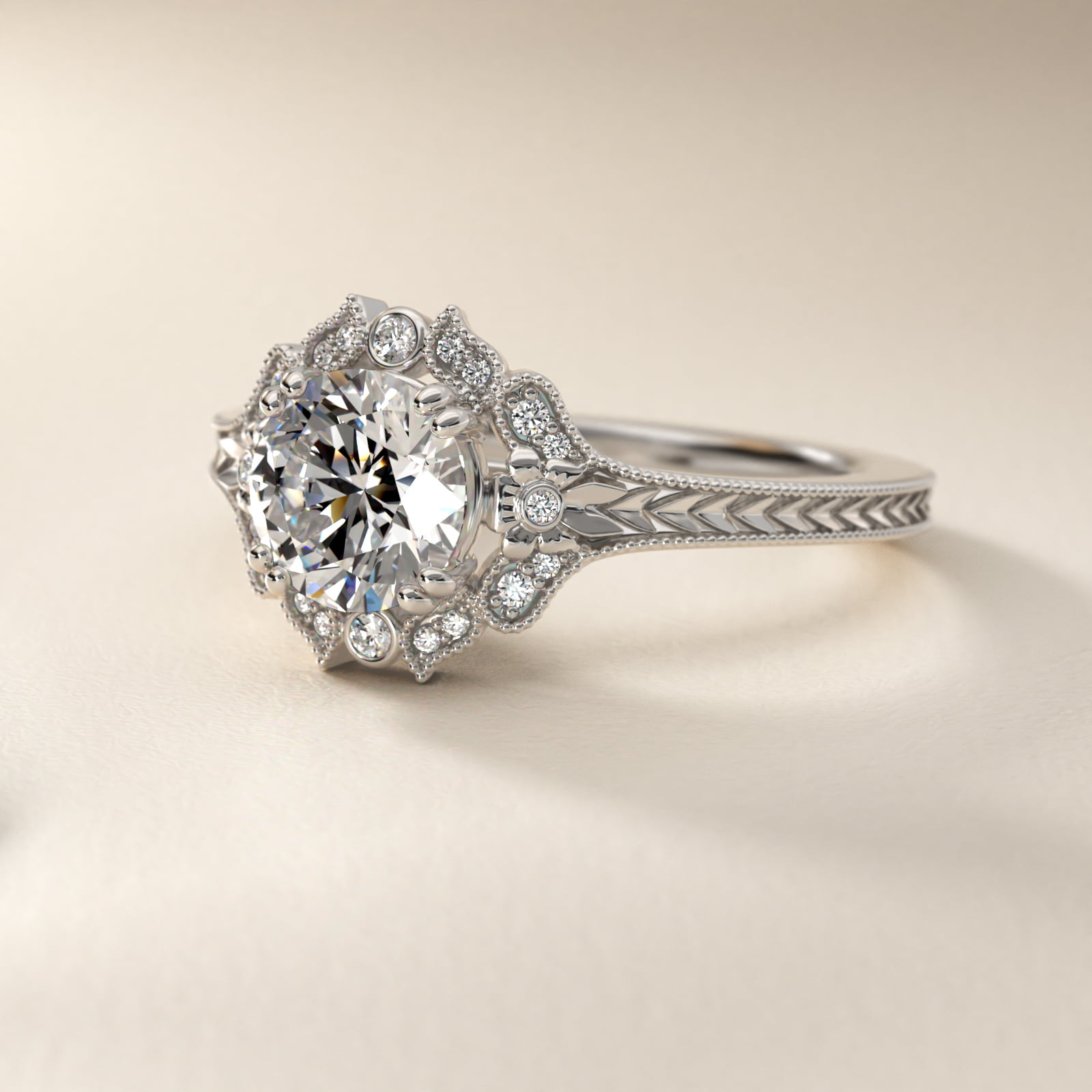 Vintage Floral Engraved Halo in Platinum