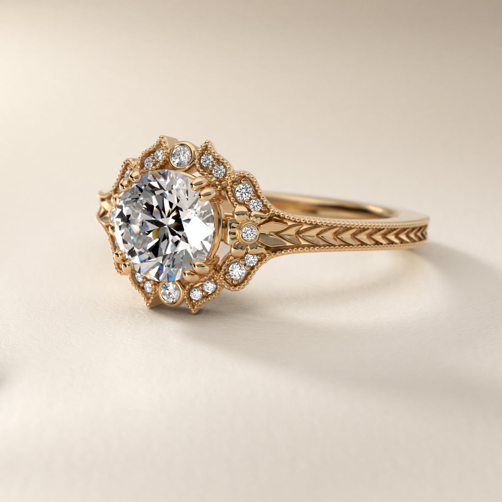 Vintage Floral Engraved Halo in 14k Yellow Gold