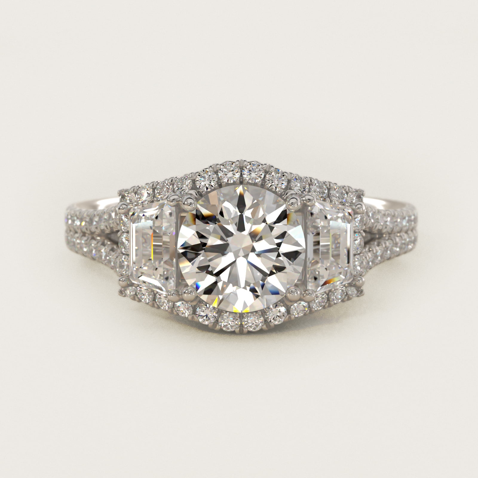 The Gallery Collection™ Vintage Three Stone Trapezoid Diamond Engagement Ring 18k White Gold