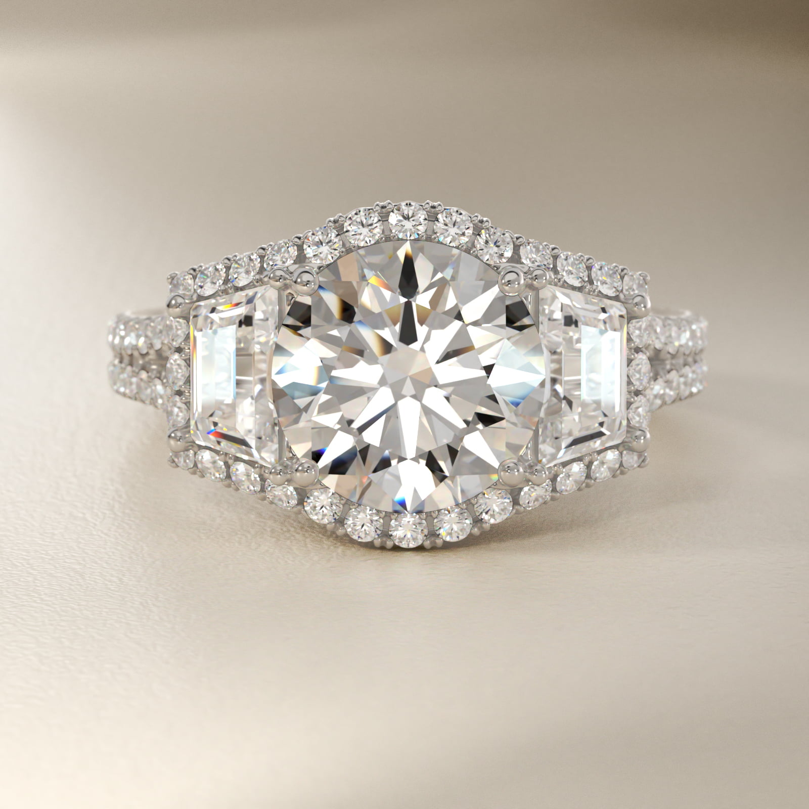 The Gallery Collection™ Vintage Three Stone Trapezoid Diamond Engagement Ring 18k White Gold