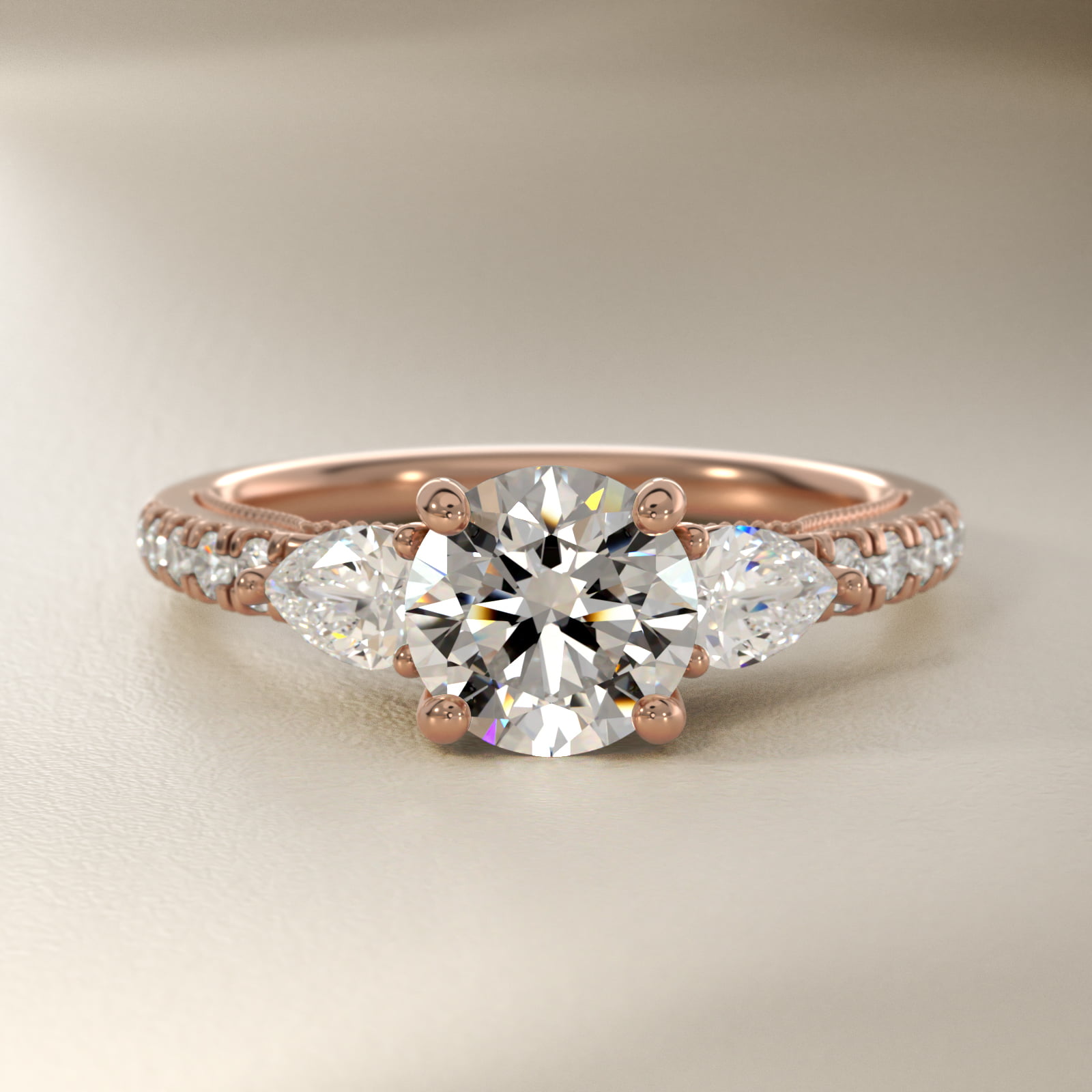 Lace Bridge Three Stone and Pave Diamond Engagement Ring in 18k Rose Gold (1/2 ct. t.w)