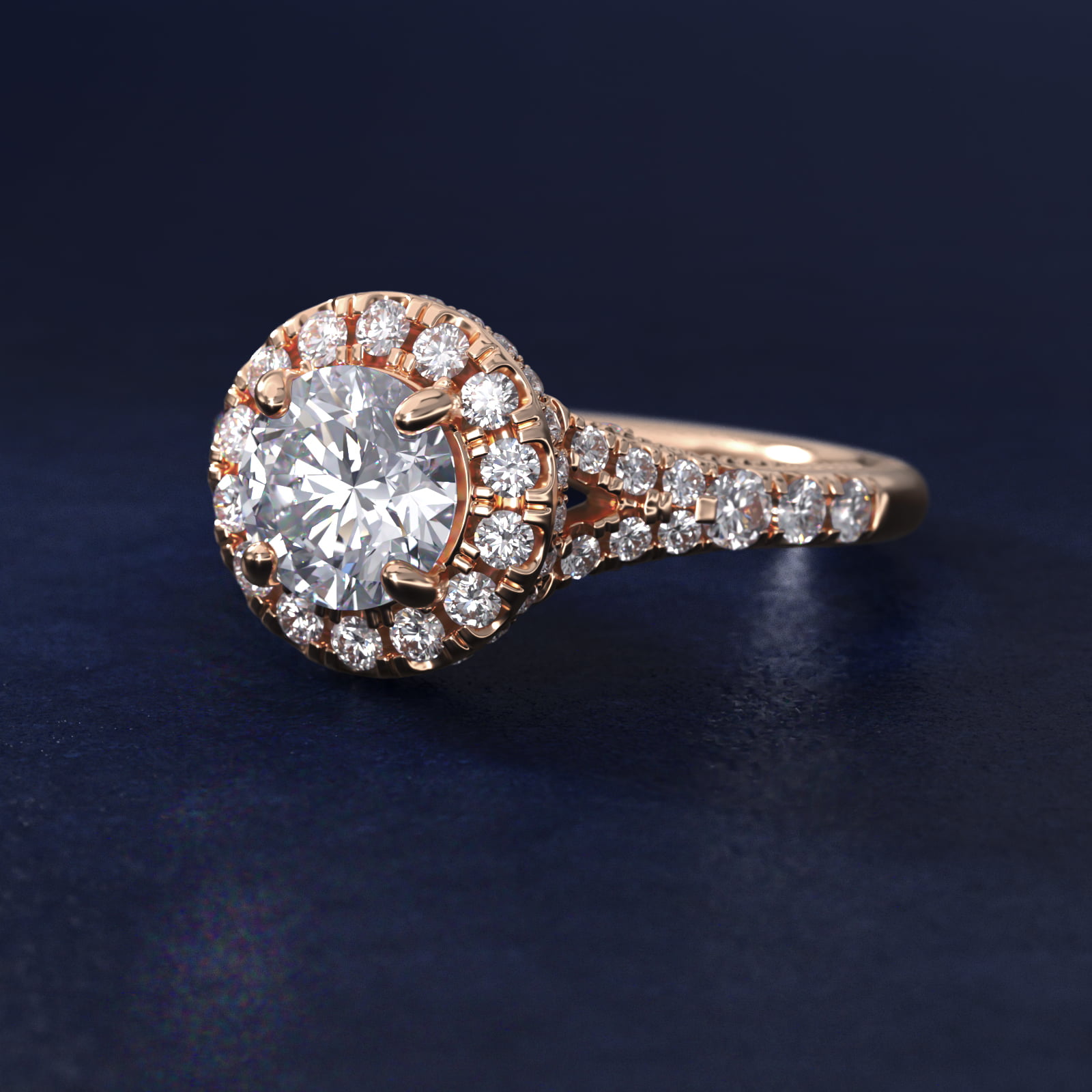 Lace Bridge Split Shank Halo Diamond Engagement Ring in 18k Rose Gold (3/4 ct. tw.)