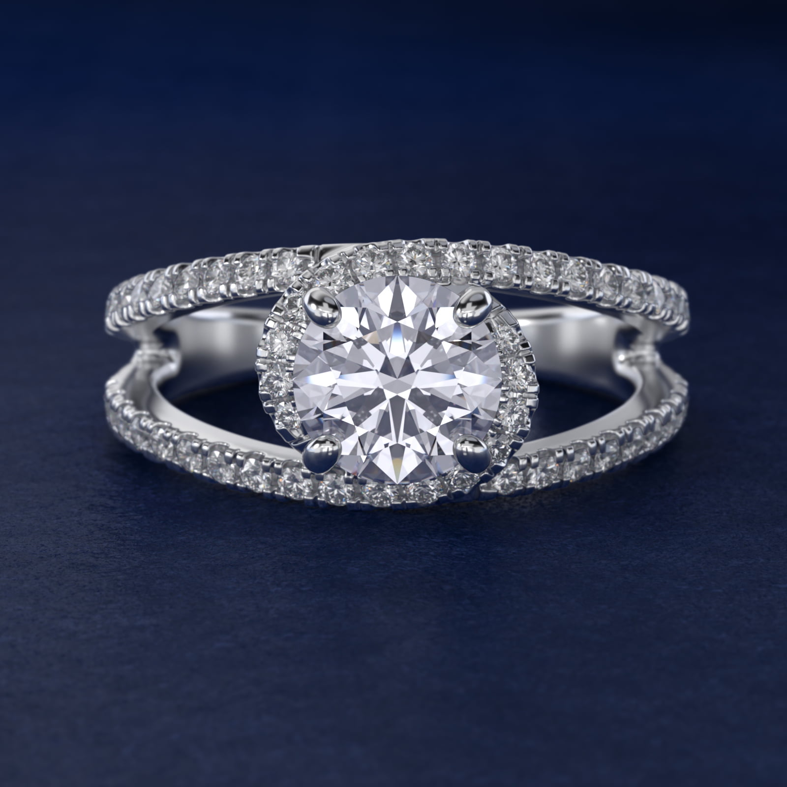 Split Shank Interlocking Halo Diamond Engagement Ring in 18k White Gold
