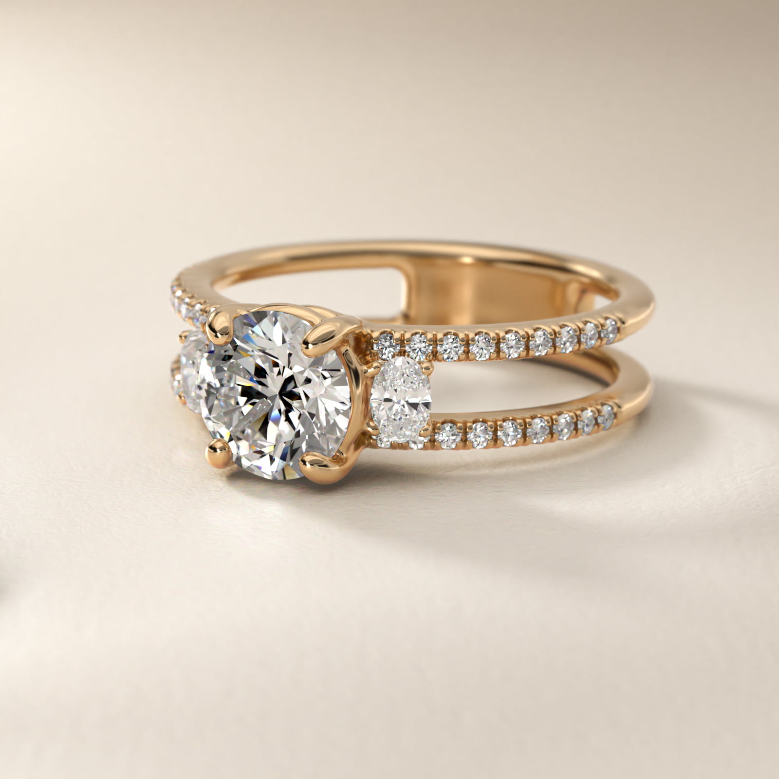 Three Stone Oval Duet Shank Diamond Engagement Ring in 18k Yellow Gold