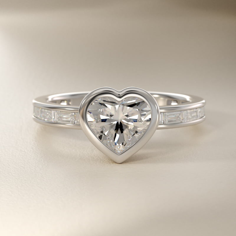 Bezel Engagement Ring with Channel Set Diamond Accent in 14K White Gold
