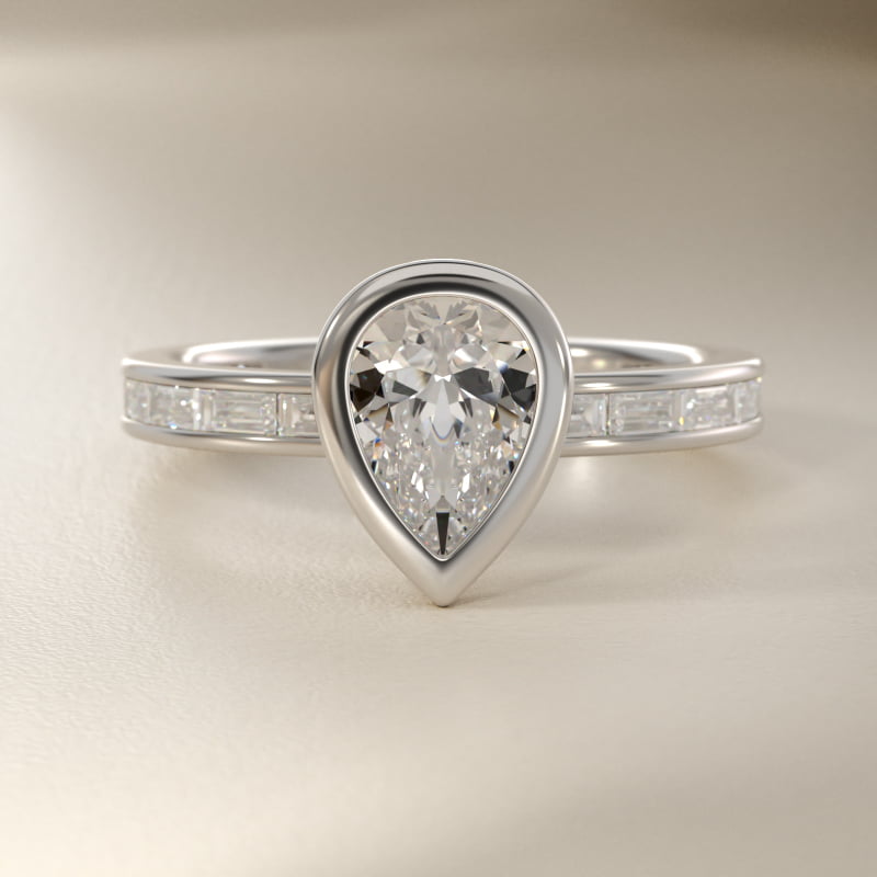 Bezel Engagement Ring with Channel Set Diamond Accent in 14K White Gold