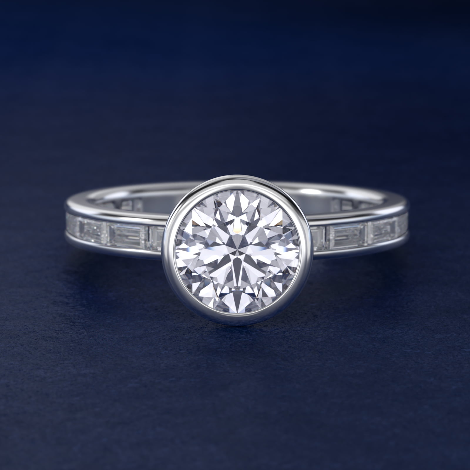 Bezel Engagement Ring with Channel Set Diamond Accent in Platinum