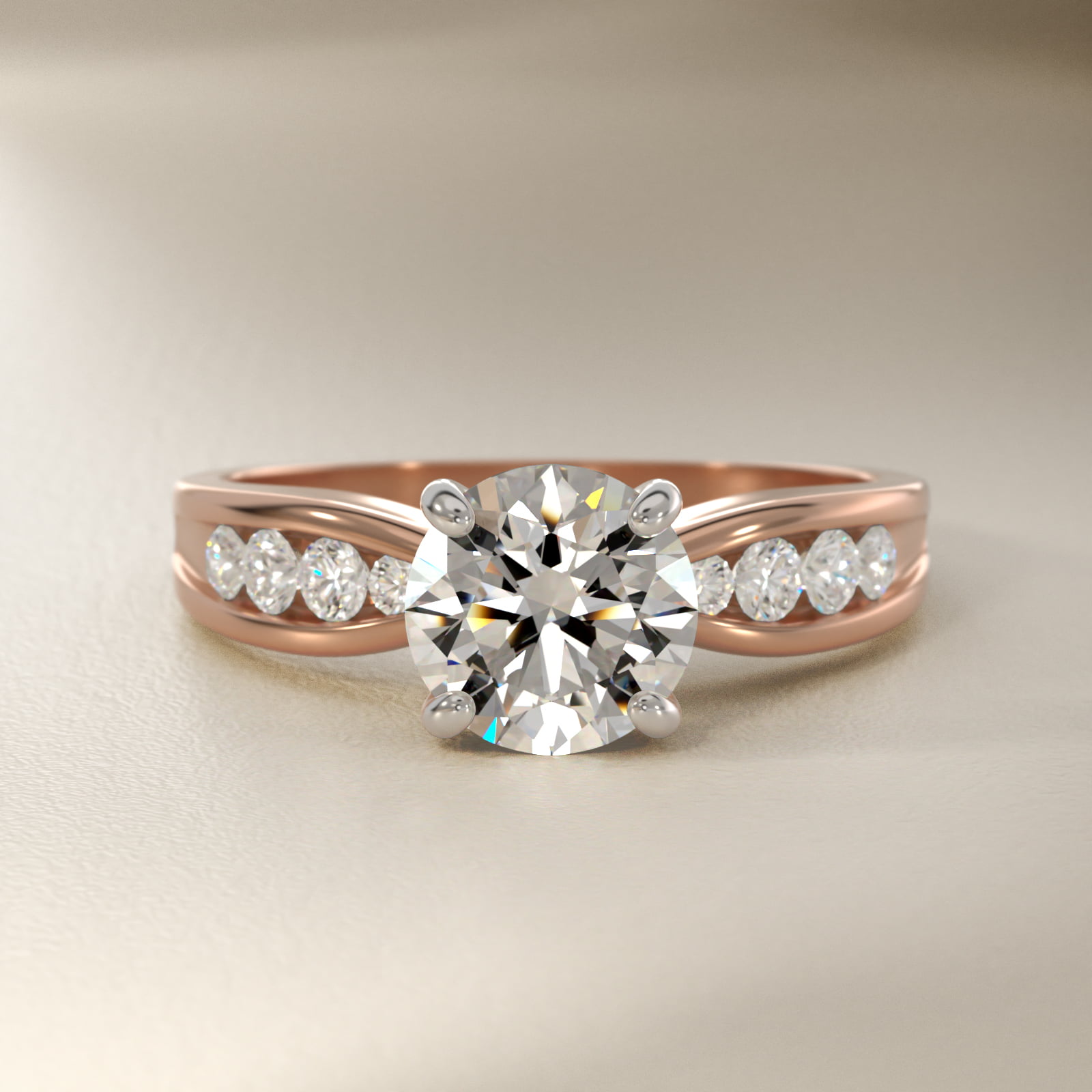 Bow-Tie Engagement Ring With Channel Set Round Diamonds In 14K Rose Gold