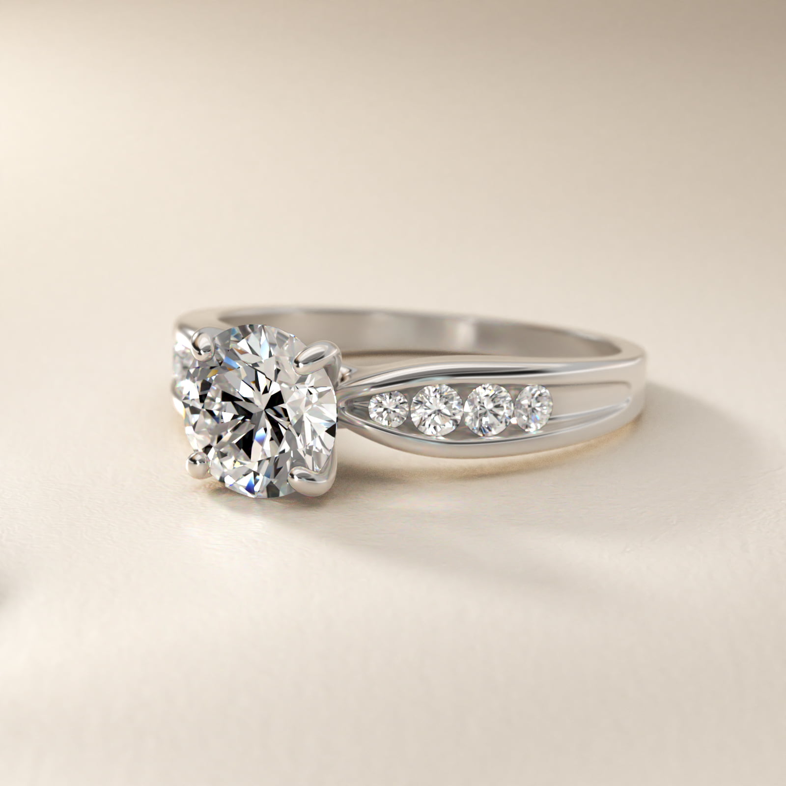 Bow-Tie Engagement Ring With Channel Set Round Diamonds In 14K White Gold