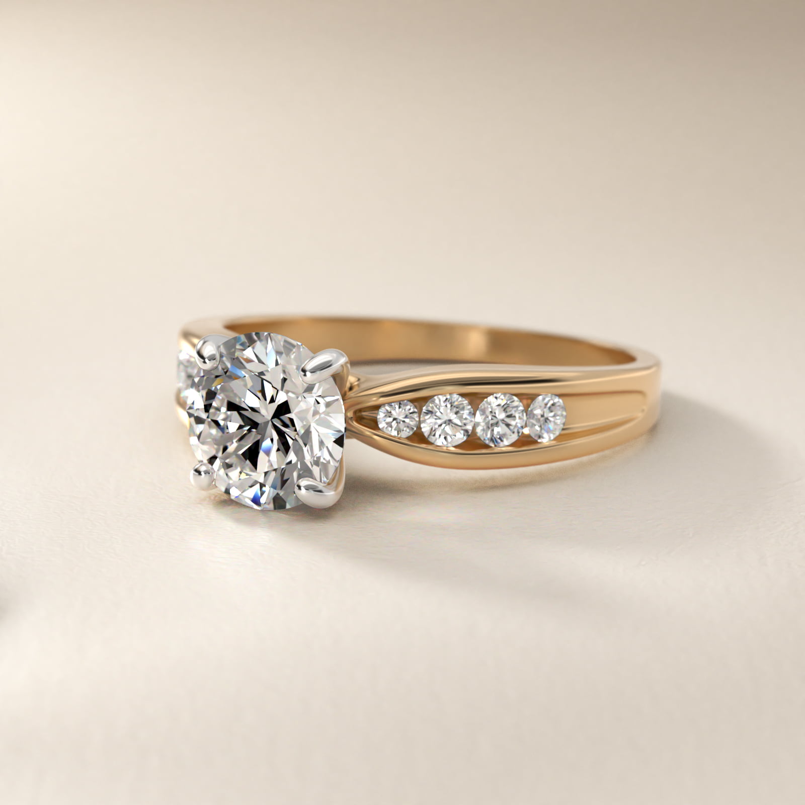 Bow-Tie Engagement Ring With Channel Set Round Diamonds In 14K Yellow Gold