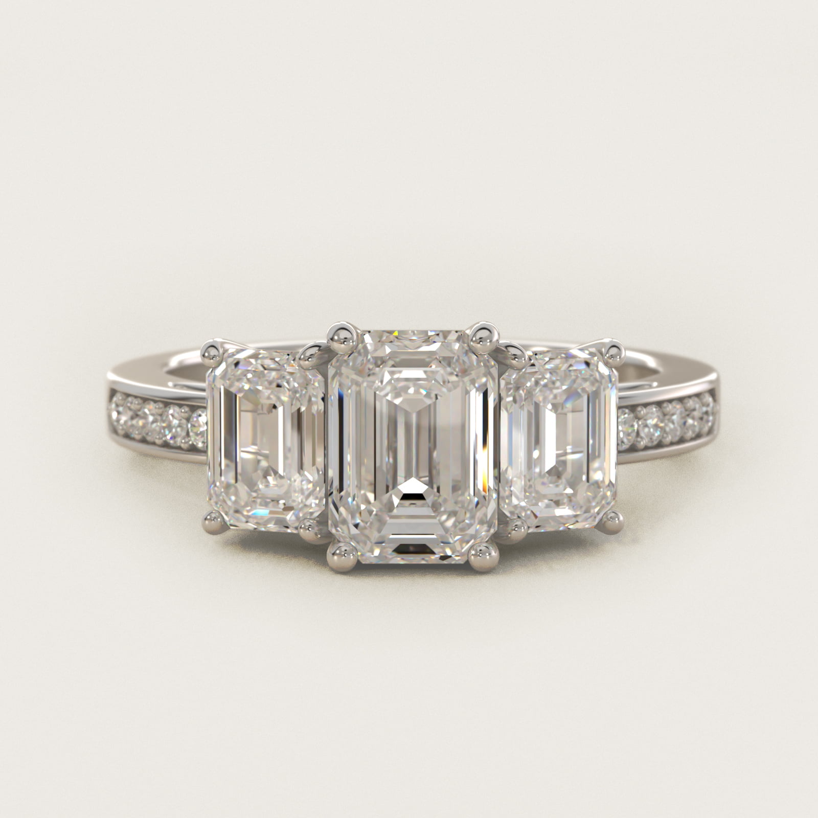 Emerald Cut Diamond Three Stone Engagement Ring With Pavé Set Diamonds In 14K White Gold By James Allen