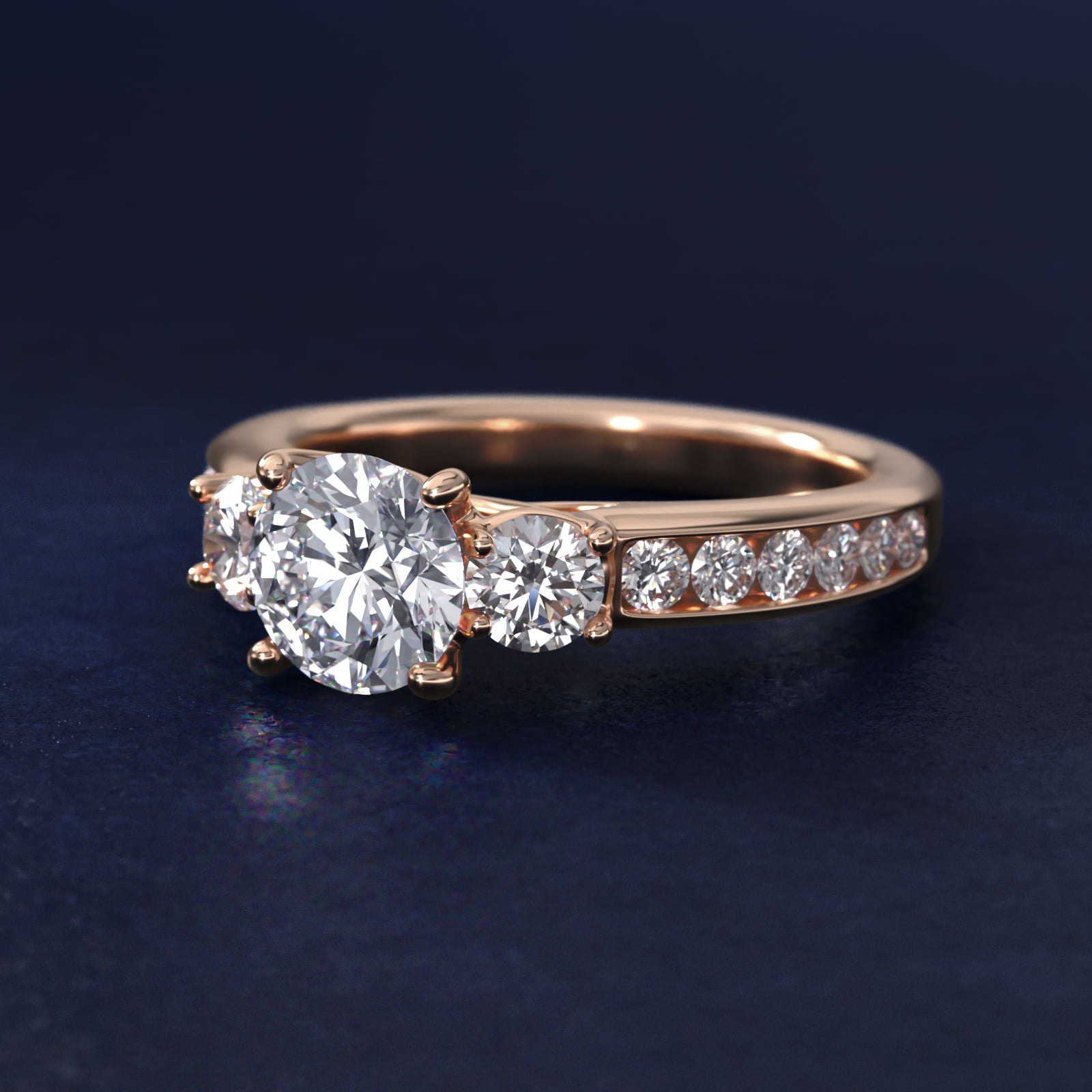 Channel Set Diamond Three Stone Engagement Ring In 14K Rose Gold