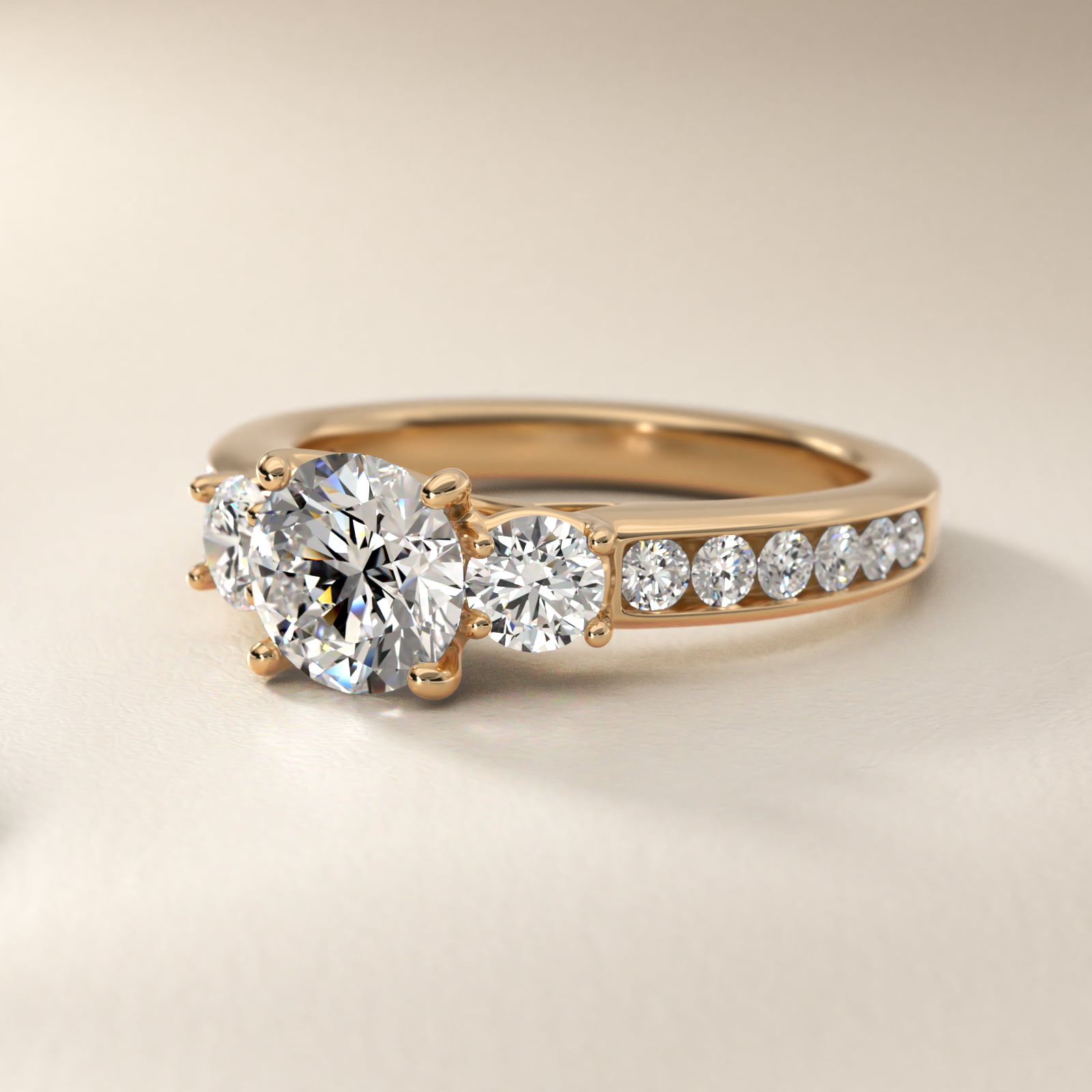 Channel Set Diamond Three Stone Engagement Ring In 14K Yellow Gold