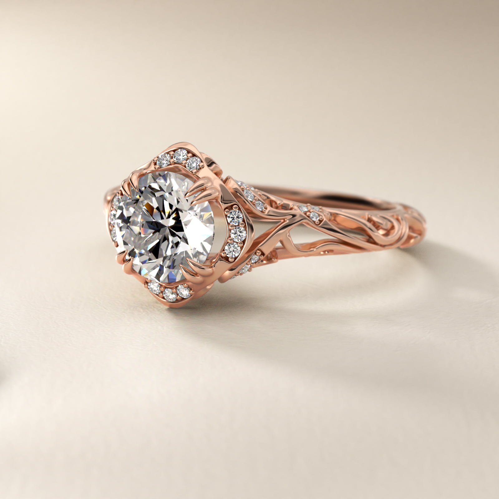 Diamond Filigree Vintage-Style Engagement Ring In 14K Rose Gold