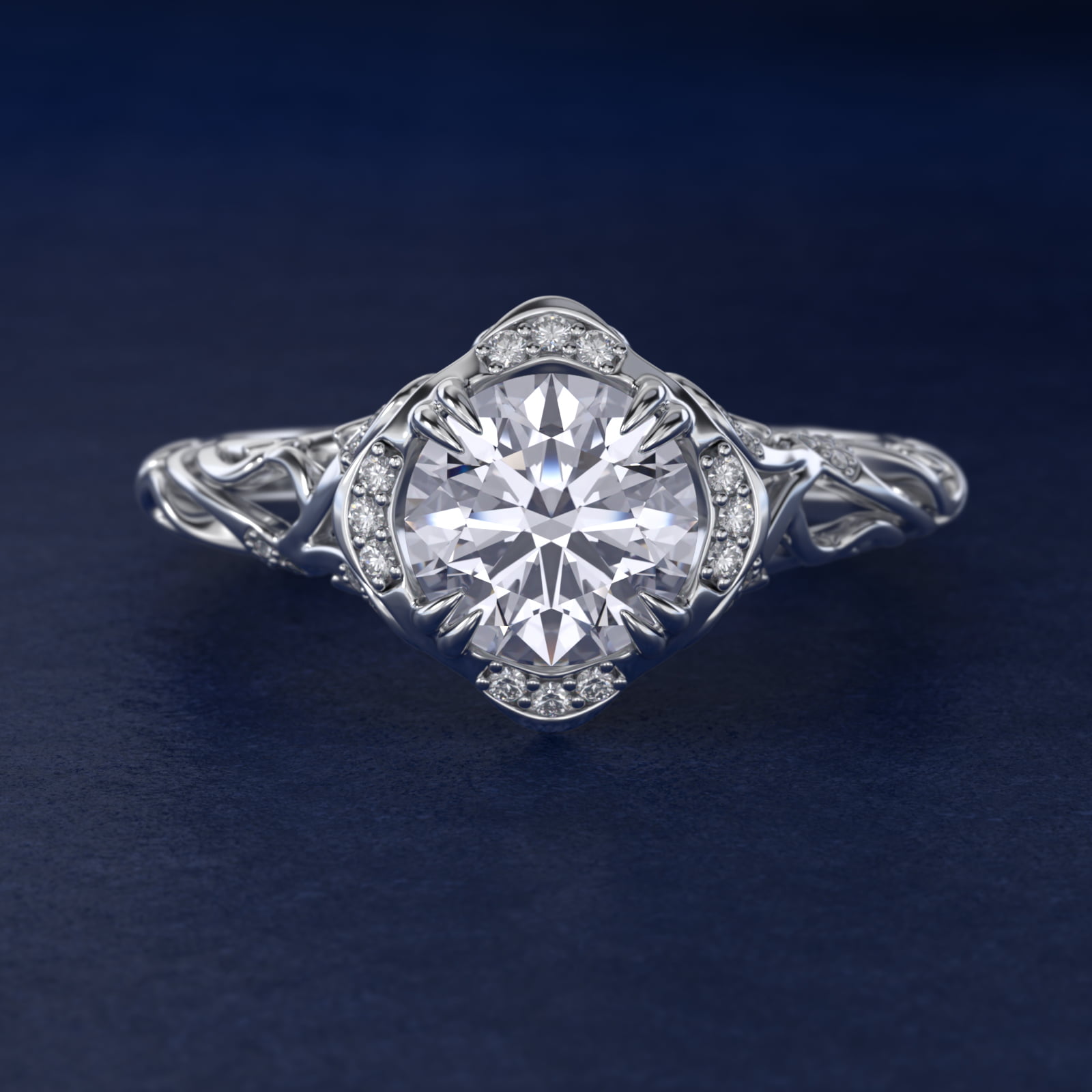 Diamond Filigree Vintage-Style Engagement Ring In 14K White Gold