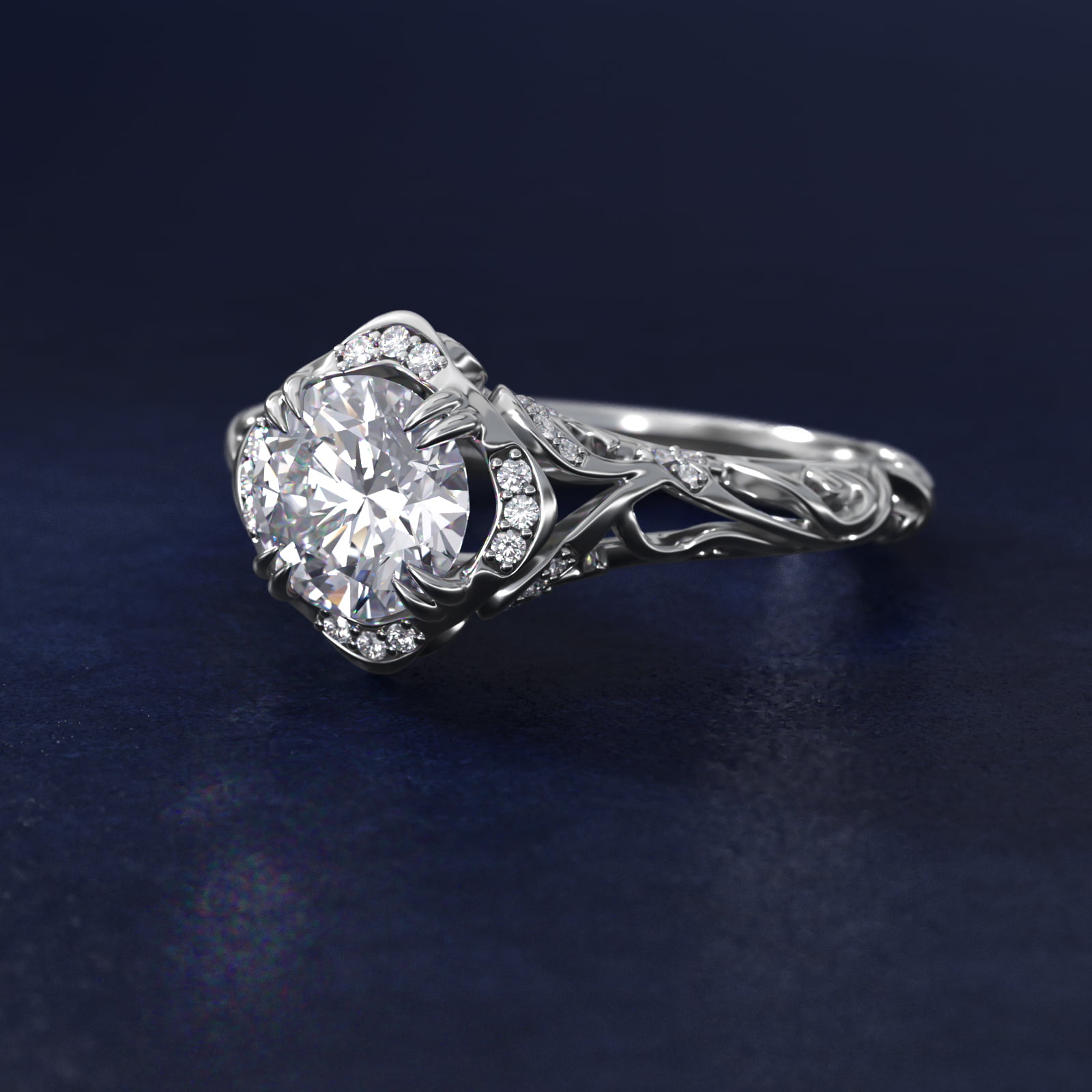 Diamond Filigree Vintage-Style Engagement Ring In 18K White Gold