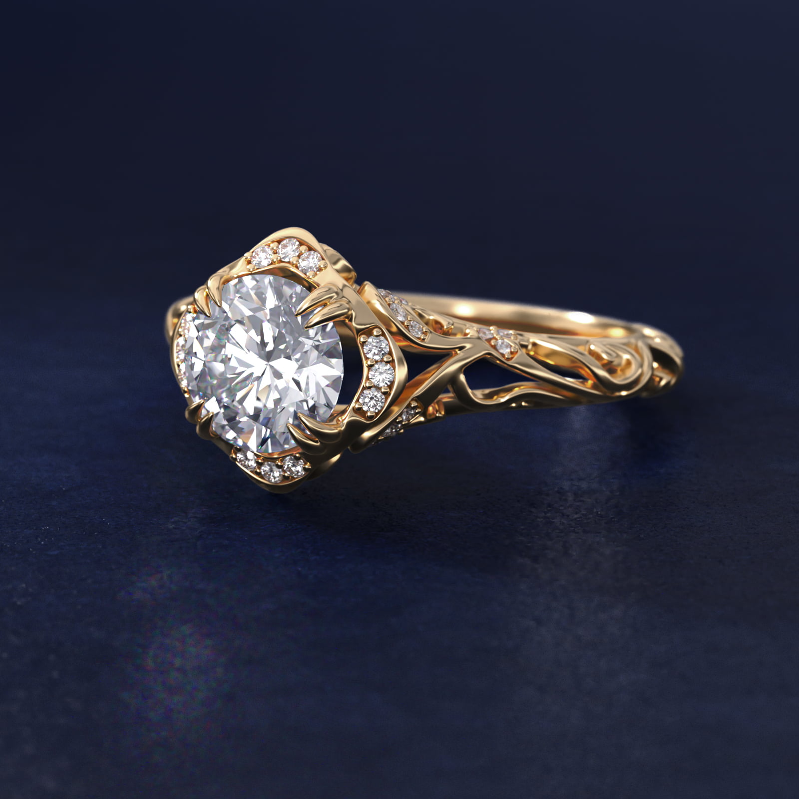 Diamond Filigree Vintage-Style Engagement Ring In 14K Yellow Gold