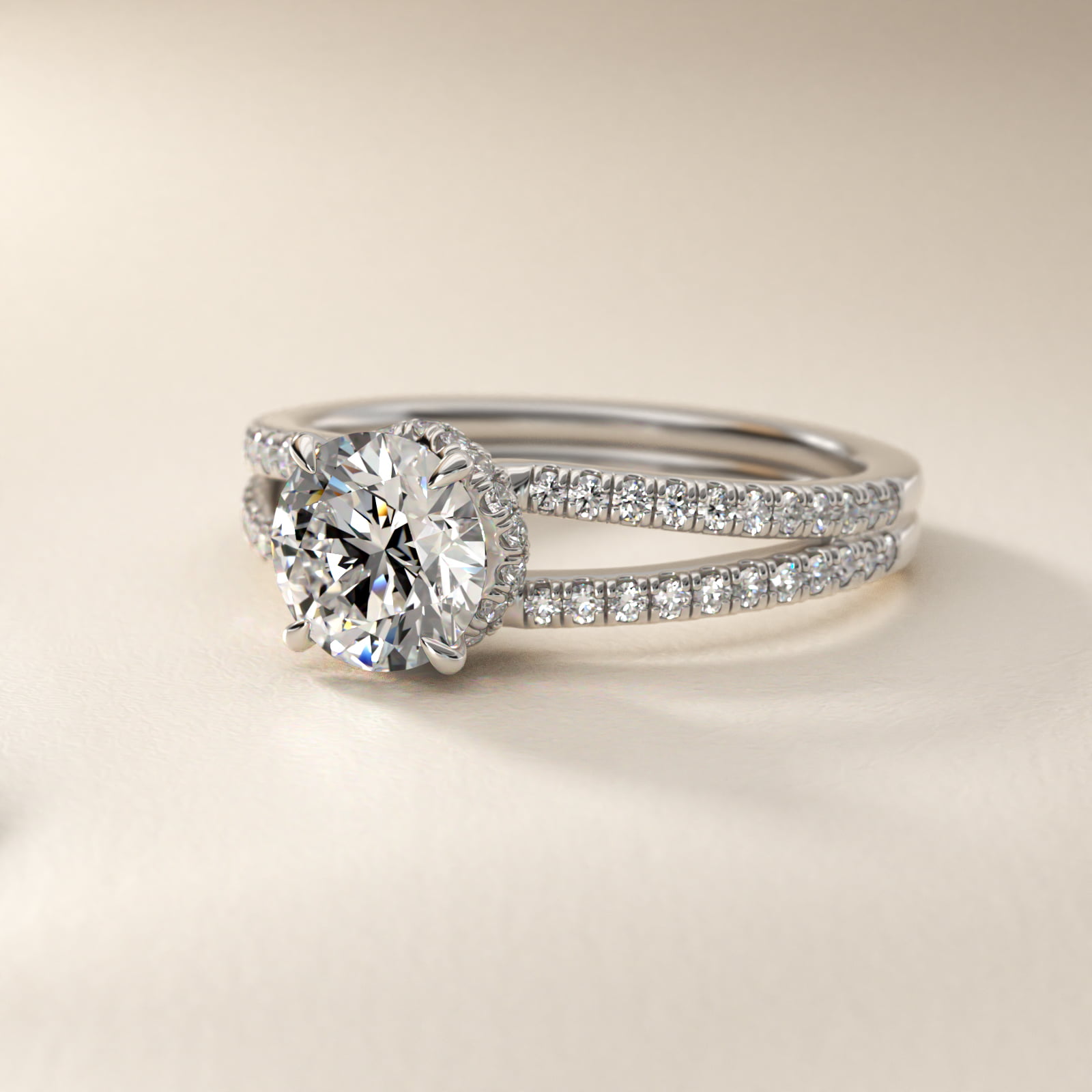 Split Shank Ribbon Diamond Pavé Engagement Ring In 18K White Gold