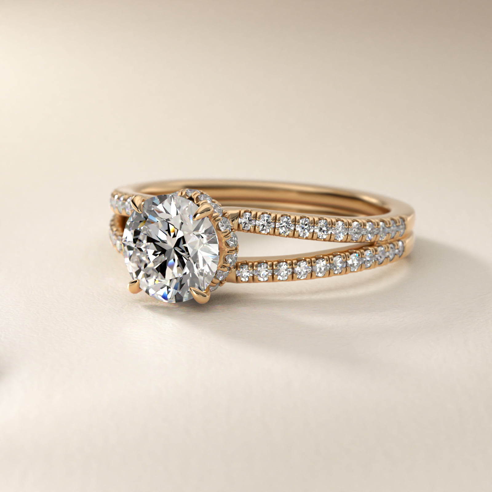 Split Shank Ribbon Diamond Pavé Engagement Ring In 18K Yellow Gold