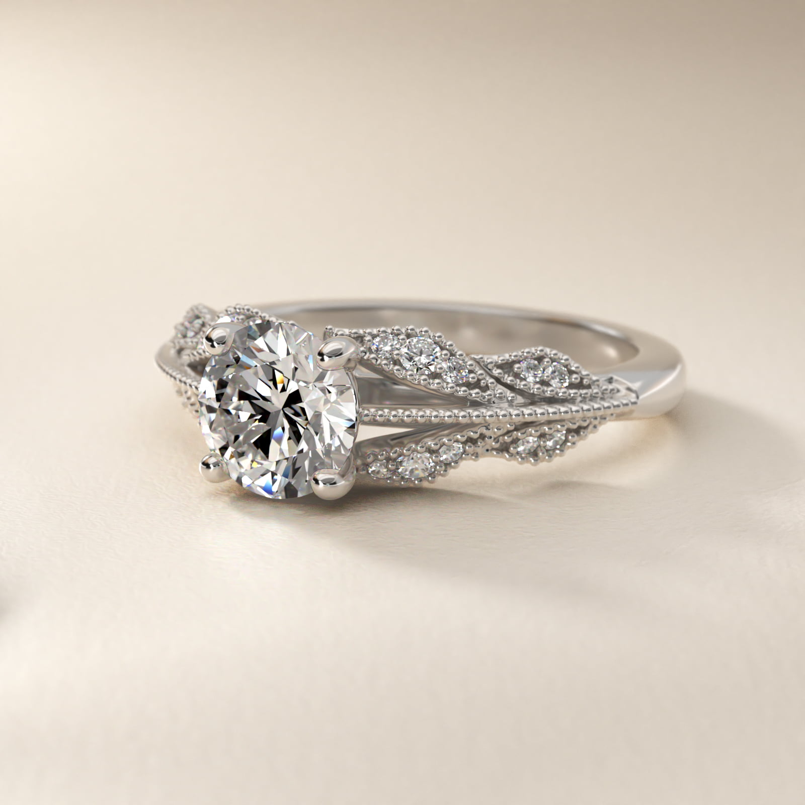 Floral Bouquet Vintage-Style Engagement Ring In 14K White Gold