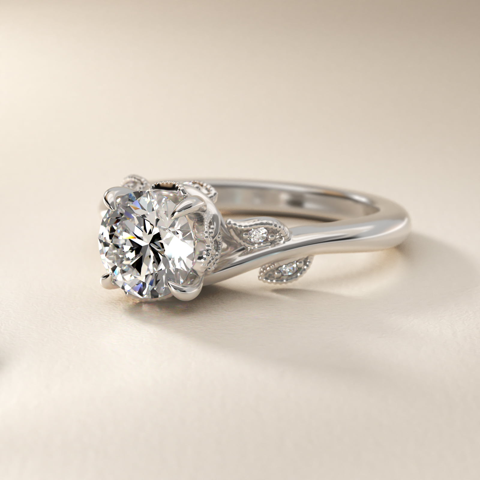 Entangled Vines Side Stone Diamond Engagement Ring In 14K White Gold