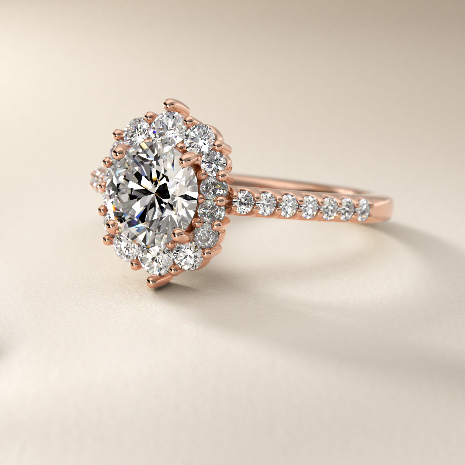 Graduated Diamond Halo Engagement Ring In 14K Rose Gold