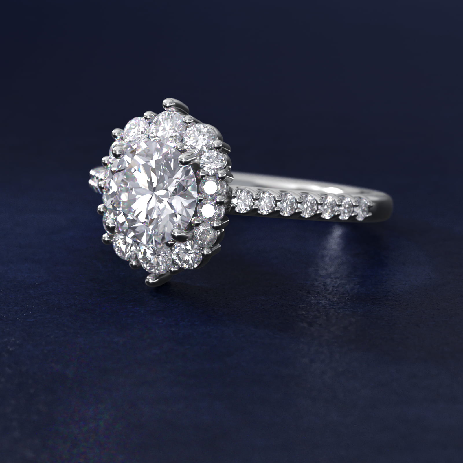 Graduated Diamond Halo Engagement Ring In 14K White Gold