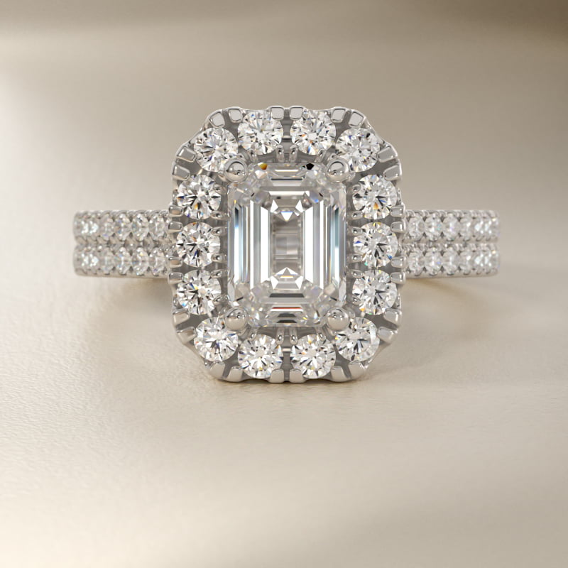 Double Shank Diamond Halo Engagement Ring In 14K White Gold