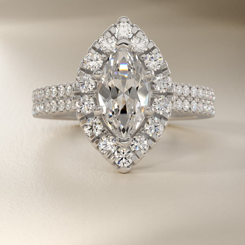 Double Shank Diamond Halo Engagement Ring In 14K White Gold