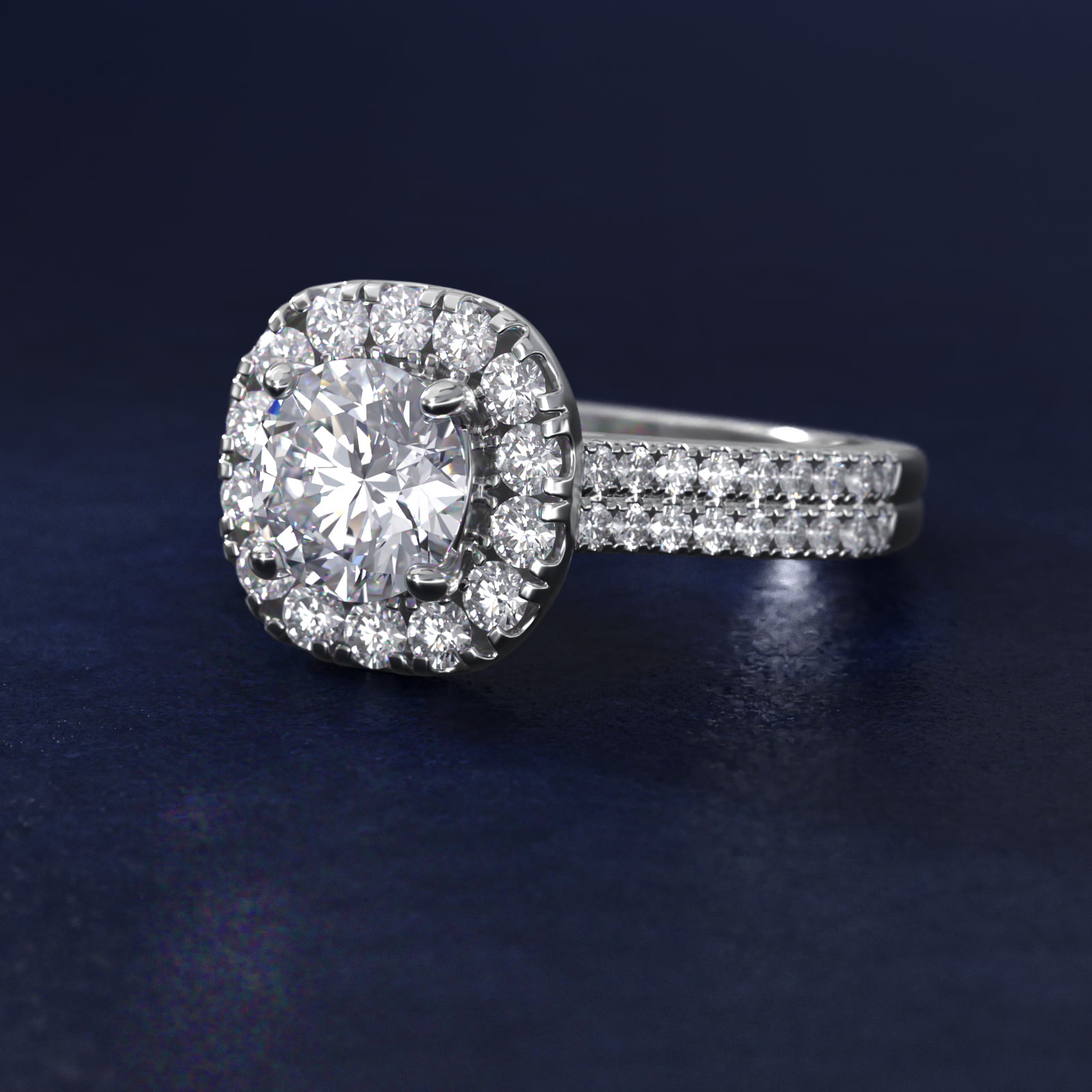 Double Shank Diamond Halo Engagement Ring In 14K White Gold