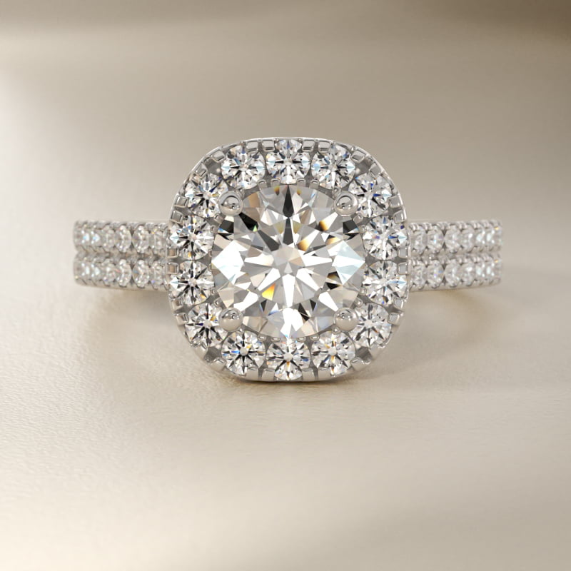 Double Shank Diamond Halo Engagement Ring In 14K White Gold