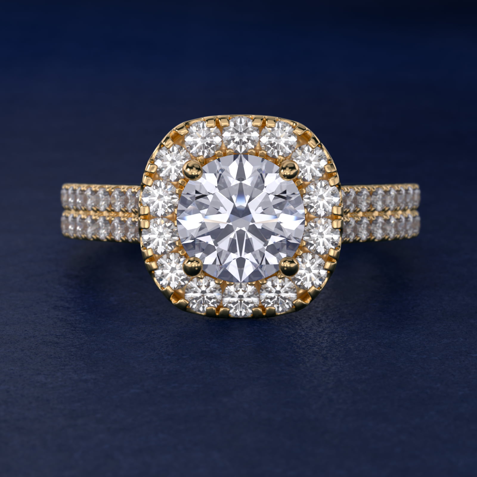 Double Shank Diamond Halo Engagement Ring In 18K Yellow Gold