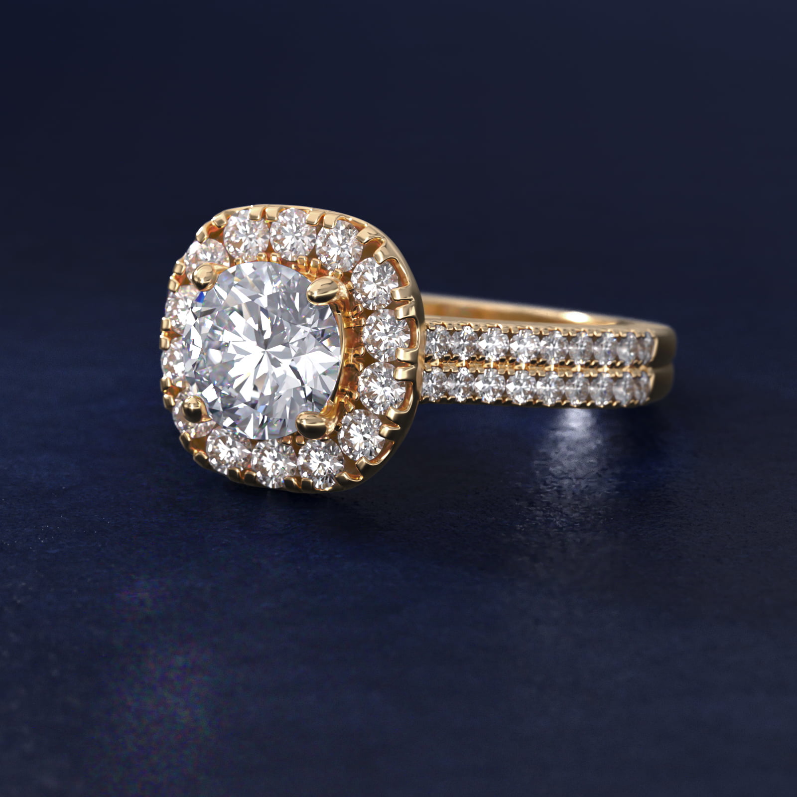 Double Shank Diamond Halo Engagement Ring In 14K Yellow Gold