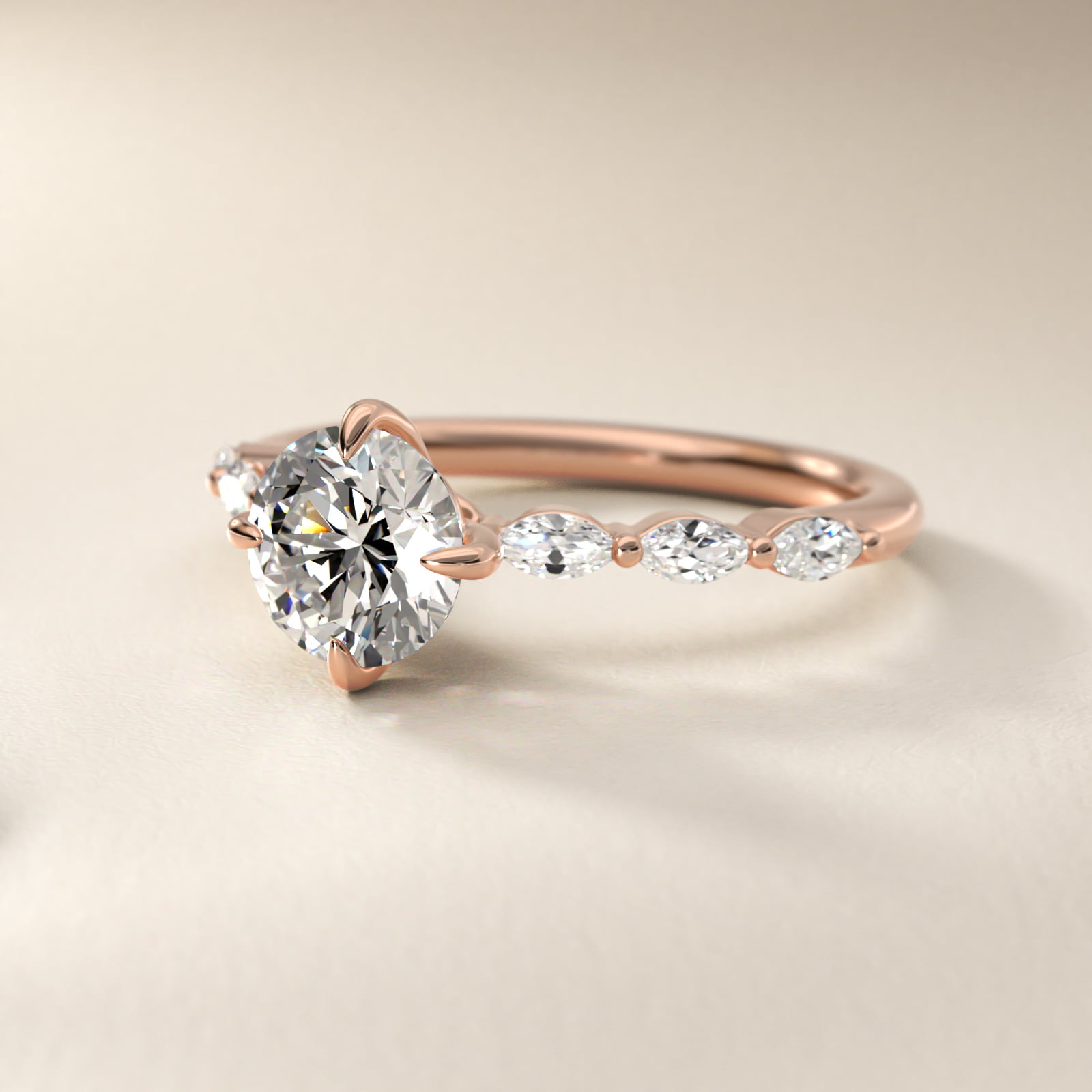 Marquise Cut Side Stone Diamond Shared Prong Engagement Ring In 14K Rose Gold