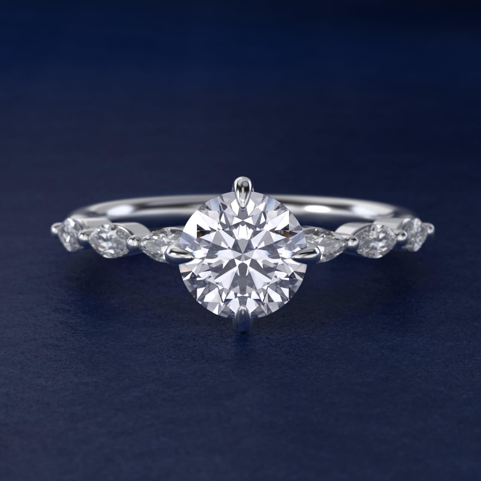 Marquise Cut Side Stone Diamond Shared Prong Engagement Ring In 14K White Gold