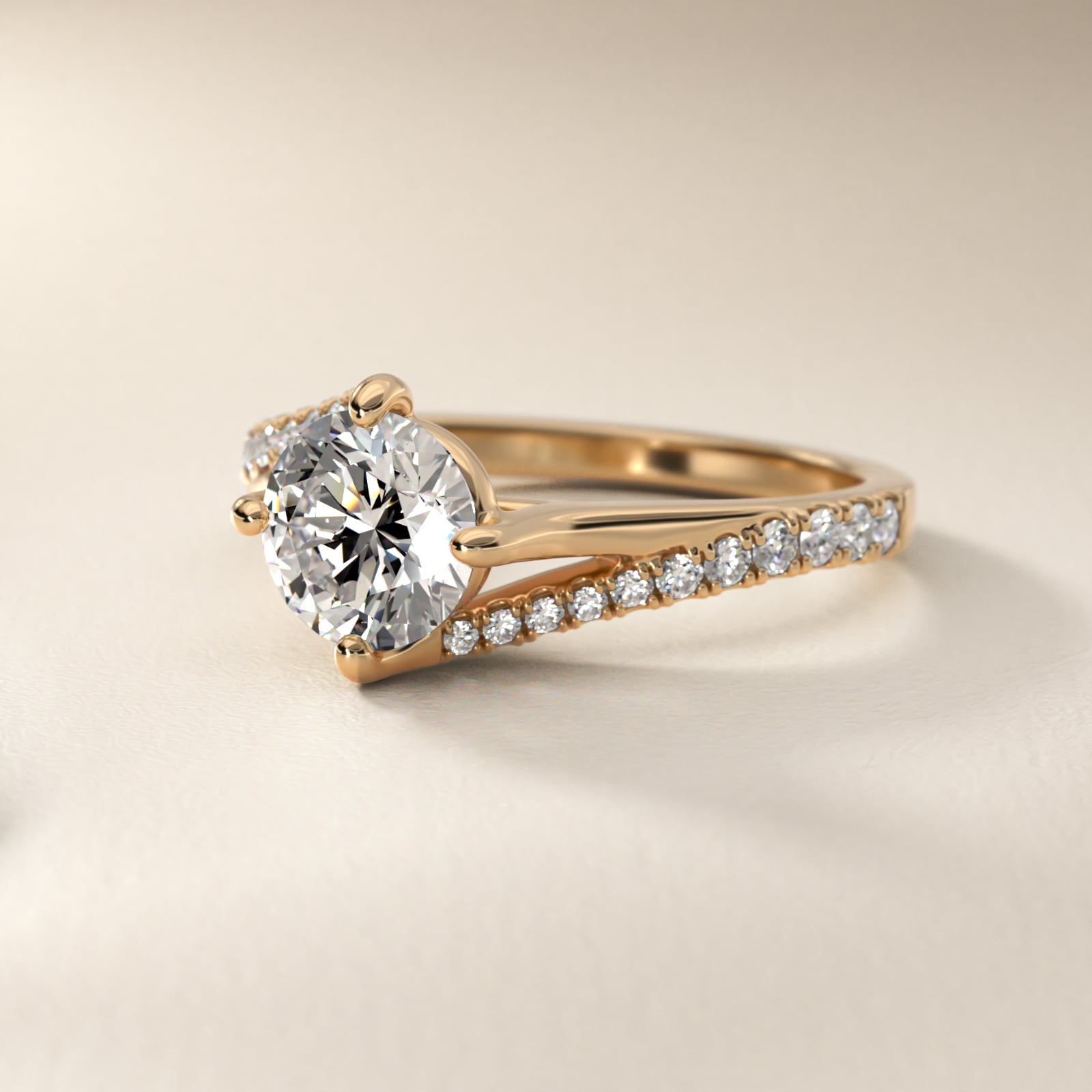 Bypass Pavé Kite-Set Diamond Engagement Ring In 14K Yellow Gold